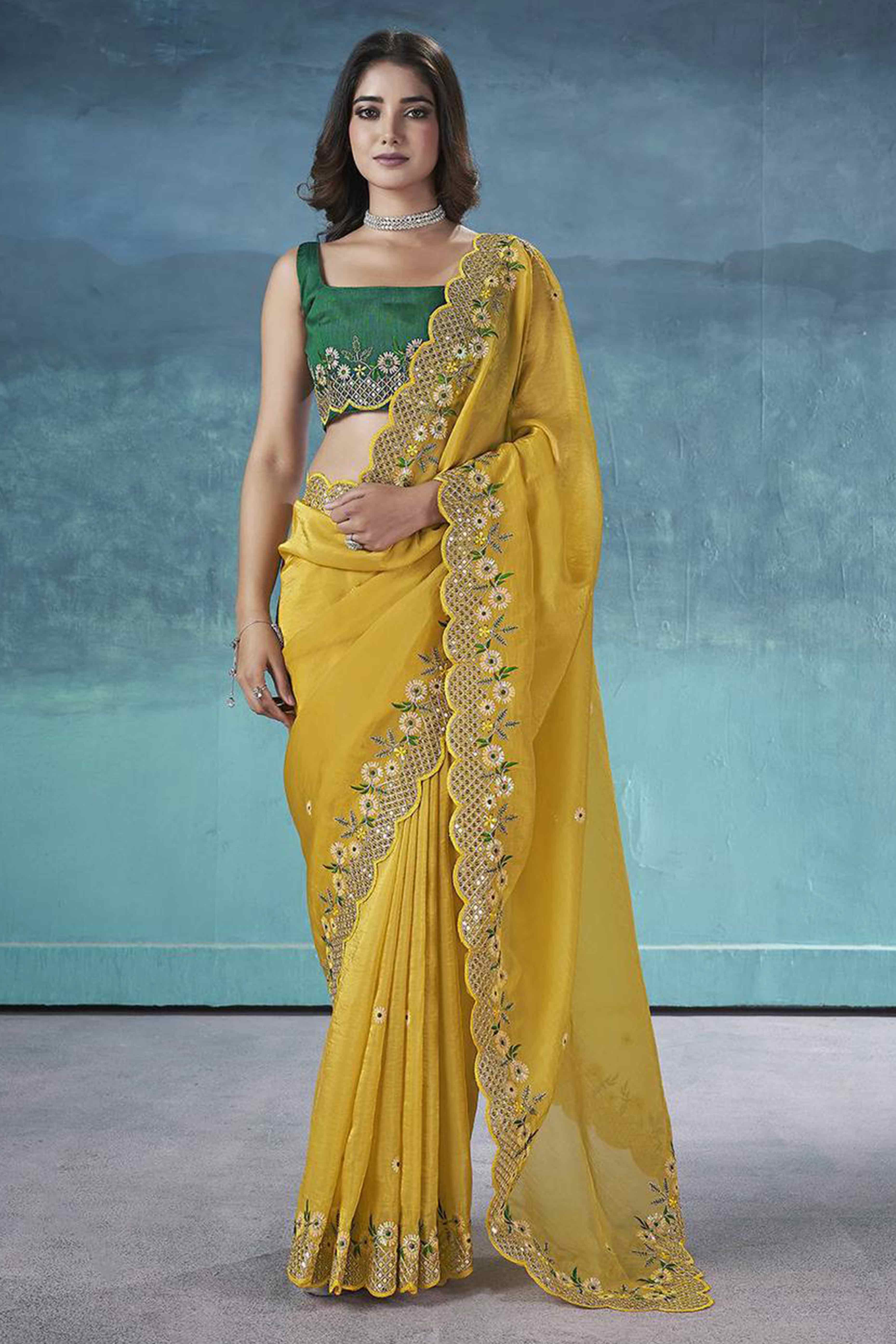 Mustard Organza Saree with Embroidery on the Edges for a Graceful Contemporary Look