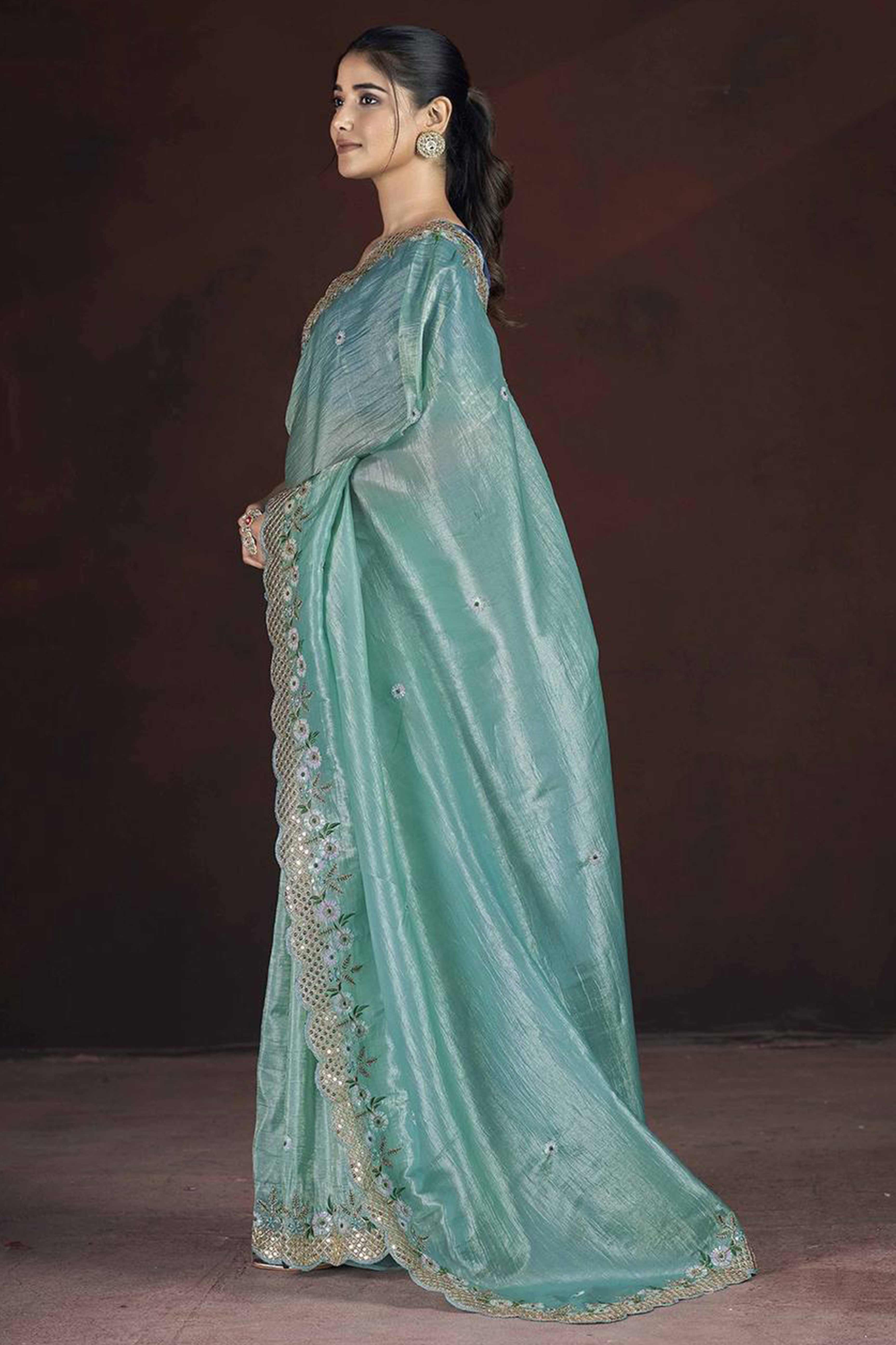 Sky Blue Organza Saree with Embroidery on the Edges for a Graceful Contemporary Look