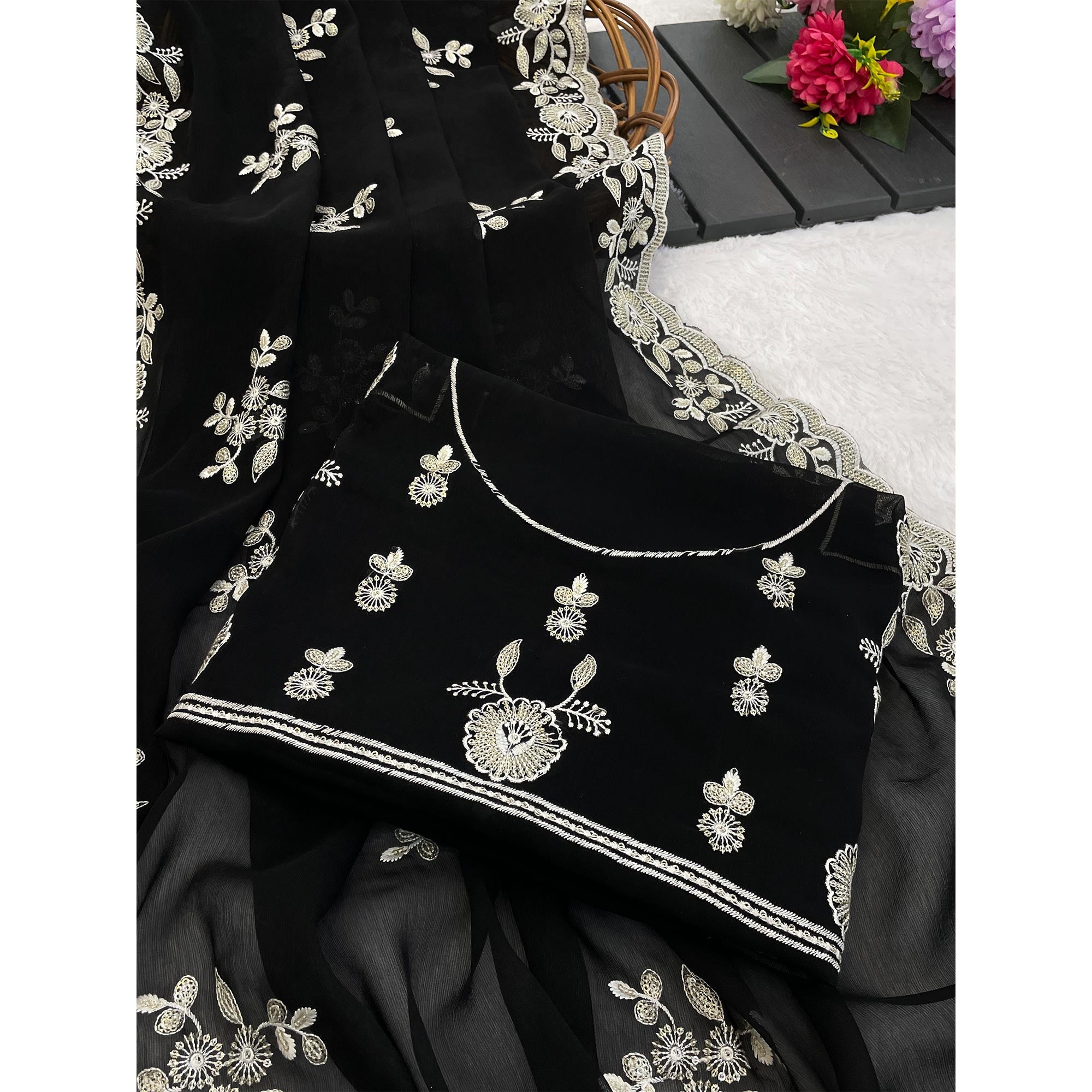 Black Shimmer Silk Saree with Graceful Floral Embroidery