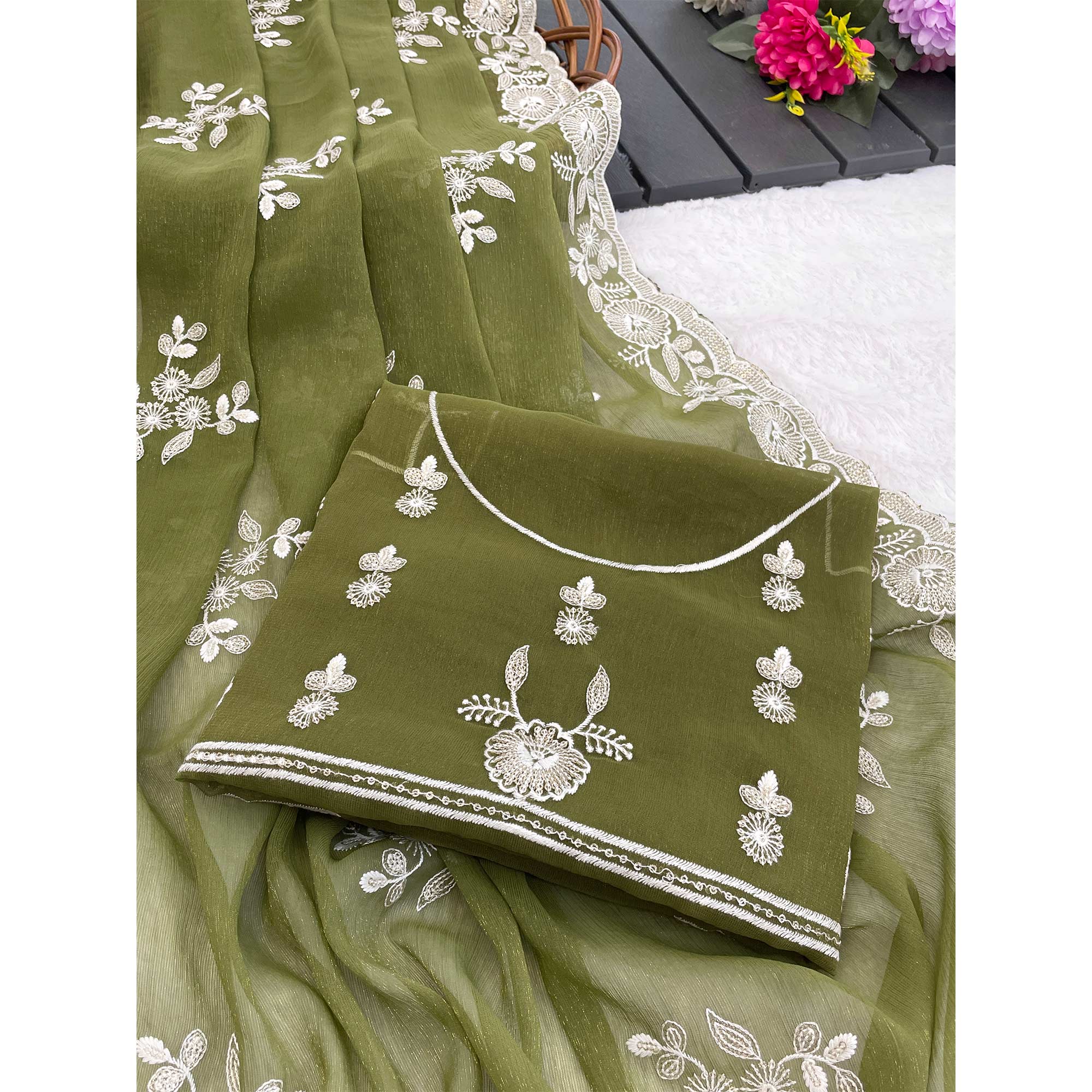 Green Shimmer Silk Saree with Graceful Floral Embroidery