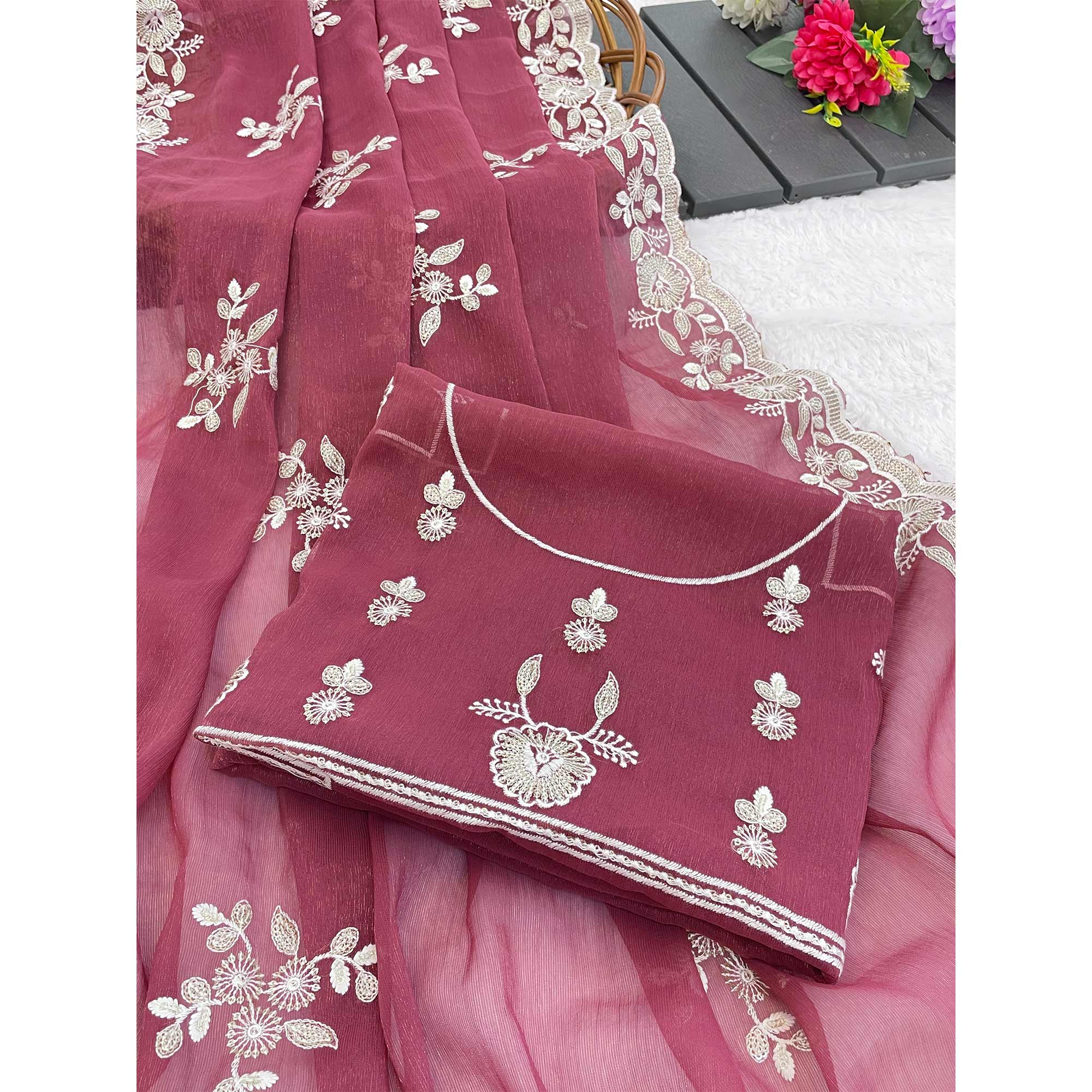 Pink Shimmer Silk Saree with Graceful Floral Embroidery