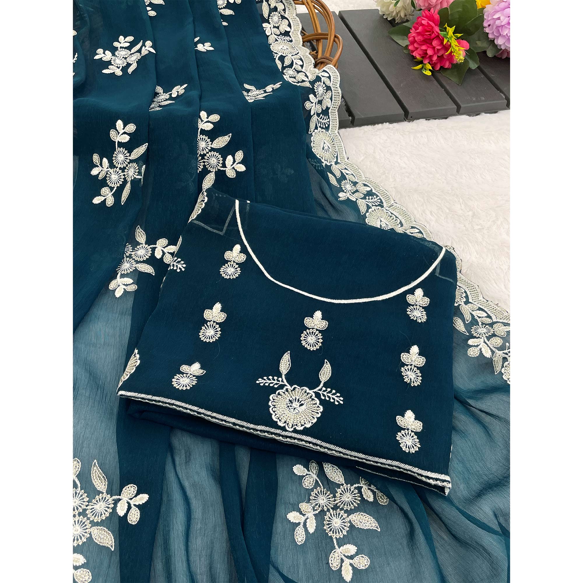 Teal Shimmer Silk Saree with Graceful Floral Embroidery