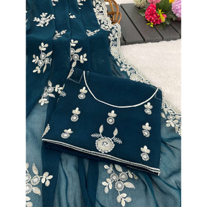 Teal Shimmer Silk Saree with Graceful Floral Embroidery