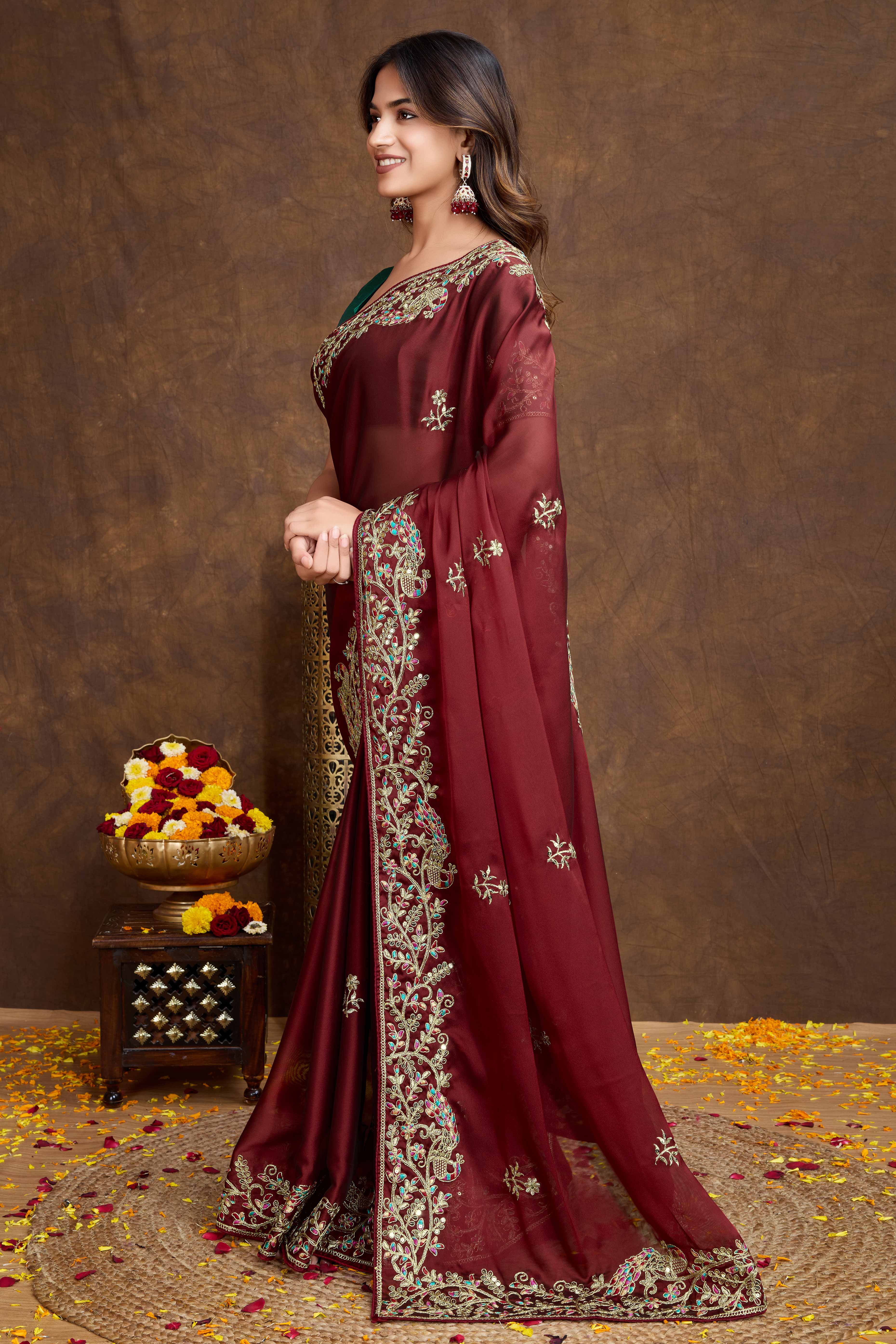 Designer Rich Maroon Silk Blend Saree with Heavy Golden Thread Embroidery