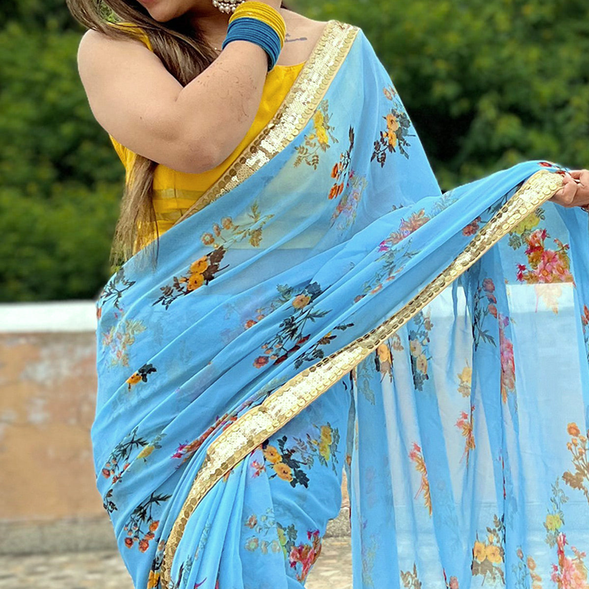 Blue Printed With Sequins Border Georgette Saree