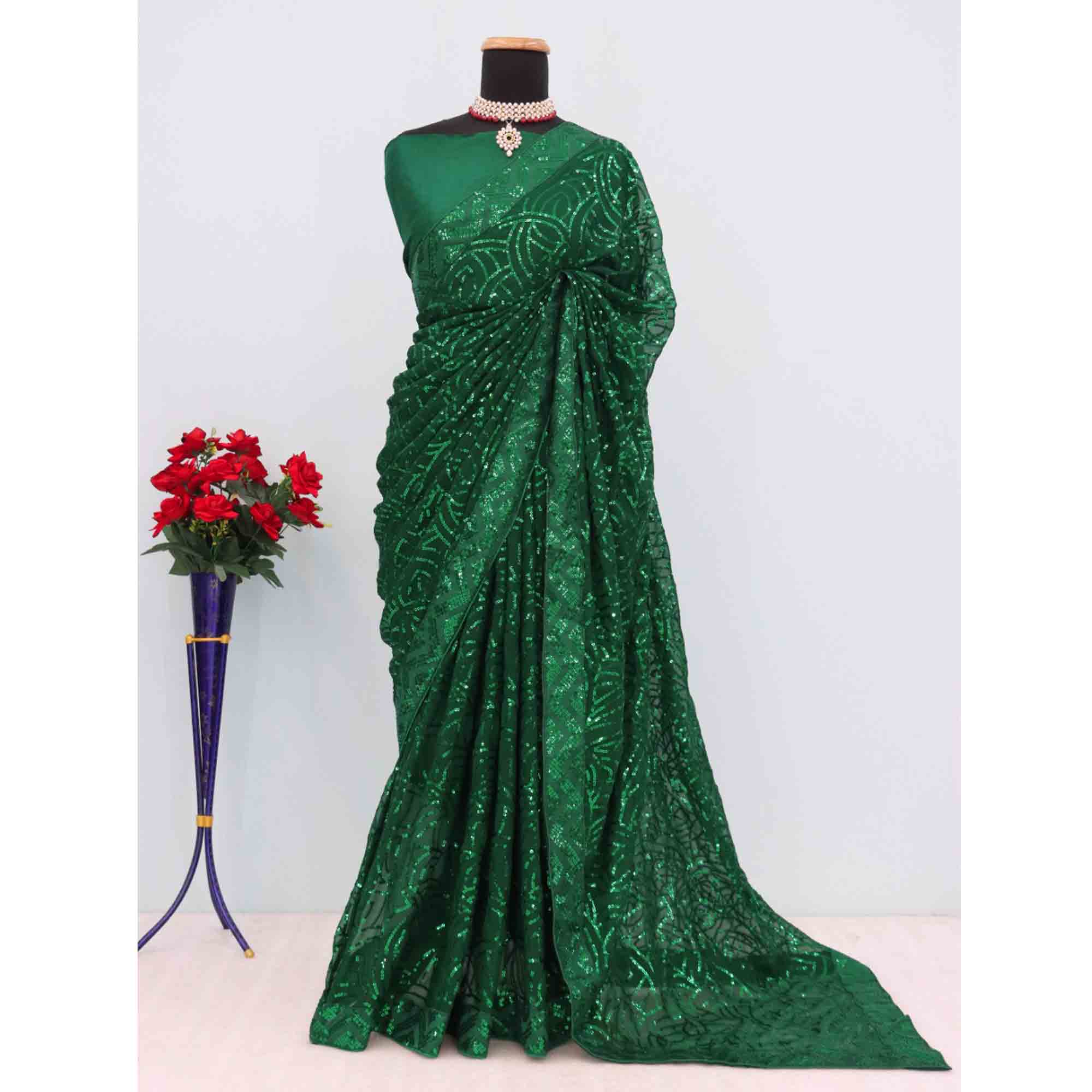 Green Georgette Saree with Dazzling Sequin Embellishment