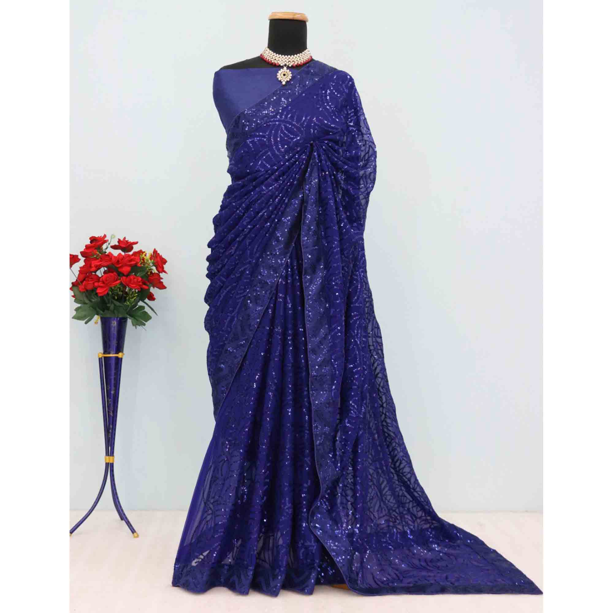Navy Blue Georgette Saree with Dazzling Sequin Embellishment