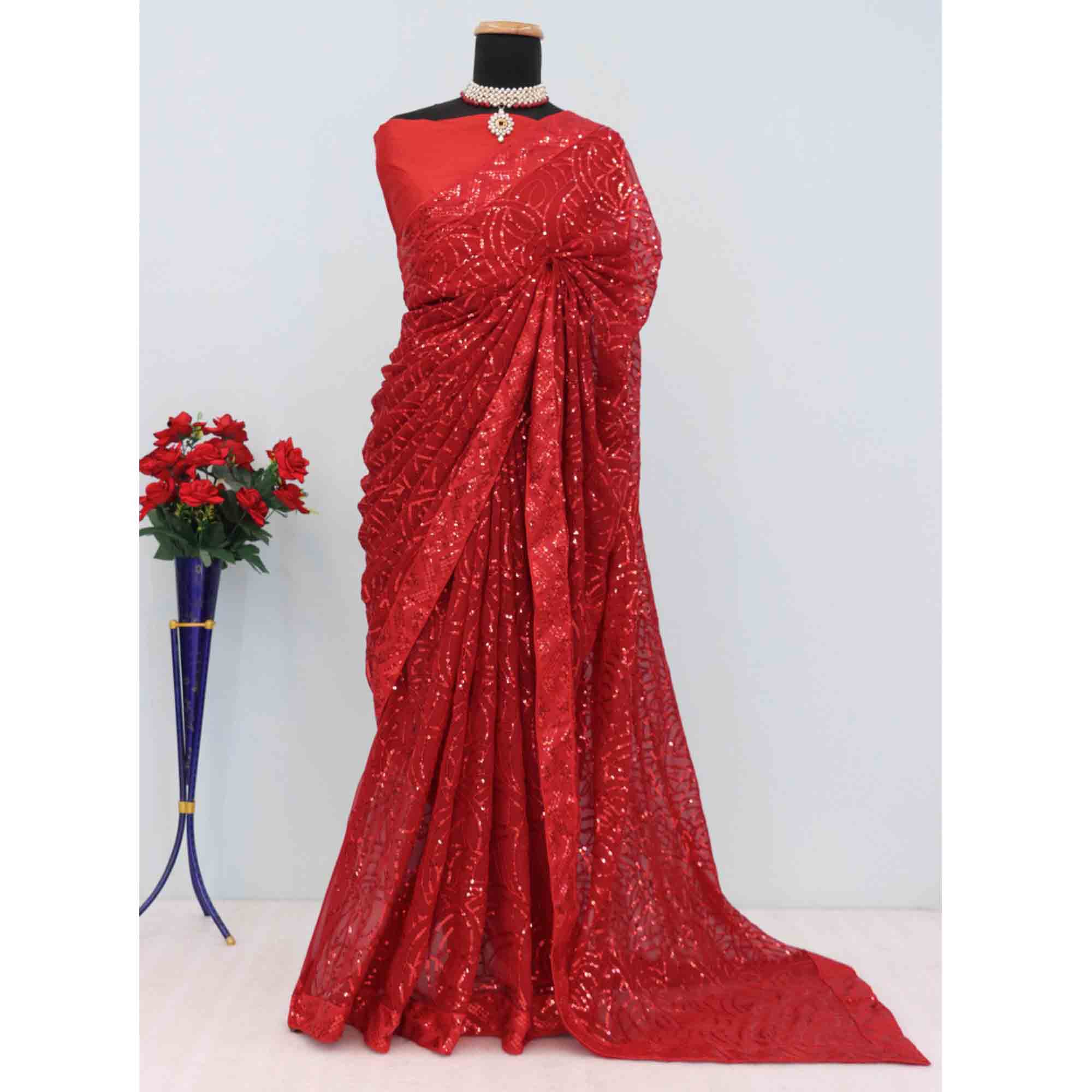 Red Georgette Saree with Dazzling Sequin Embellishment