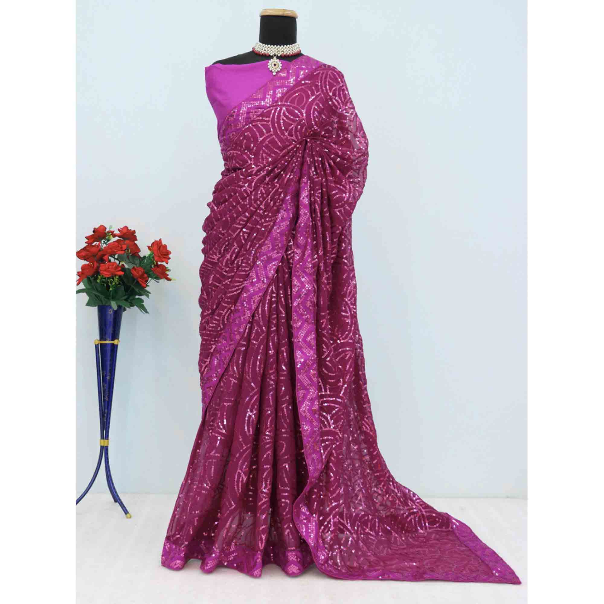 Wine Georgette Saree with Dazzling Sequin Embellishment