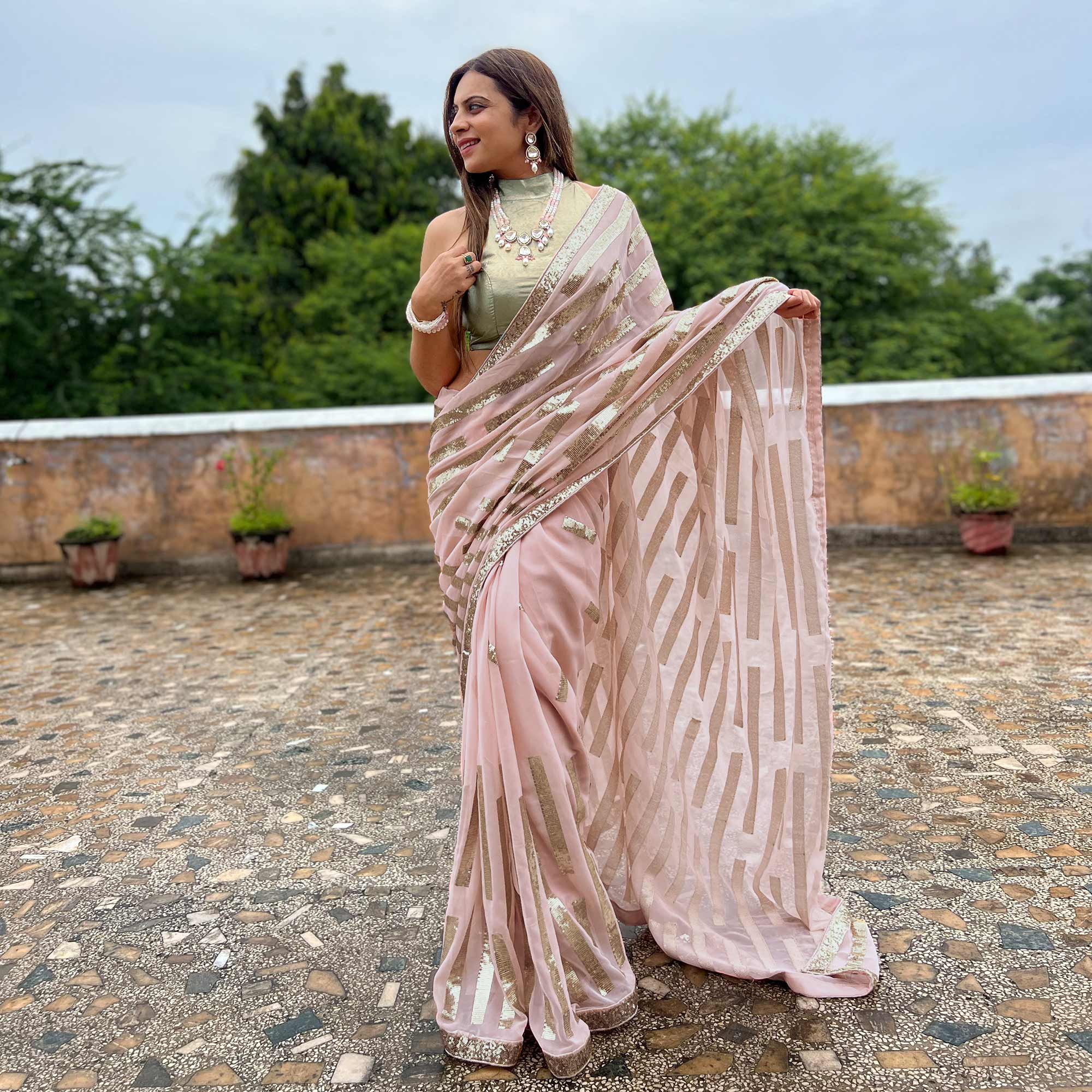 Peach Sequins Embroidered Georgette Saree