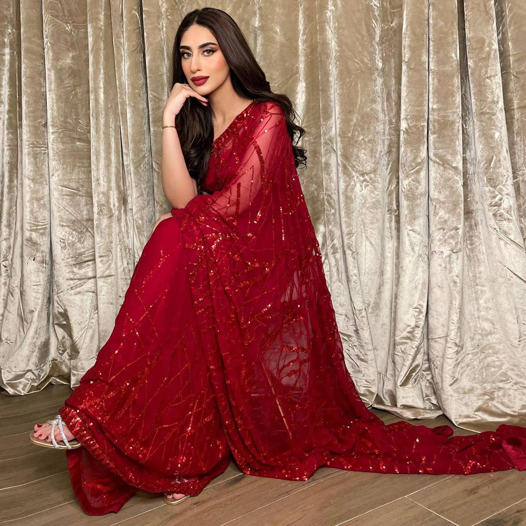 Red Sequins Embroidered Georgette Saree