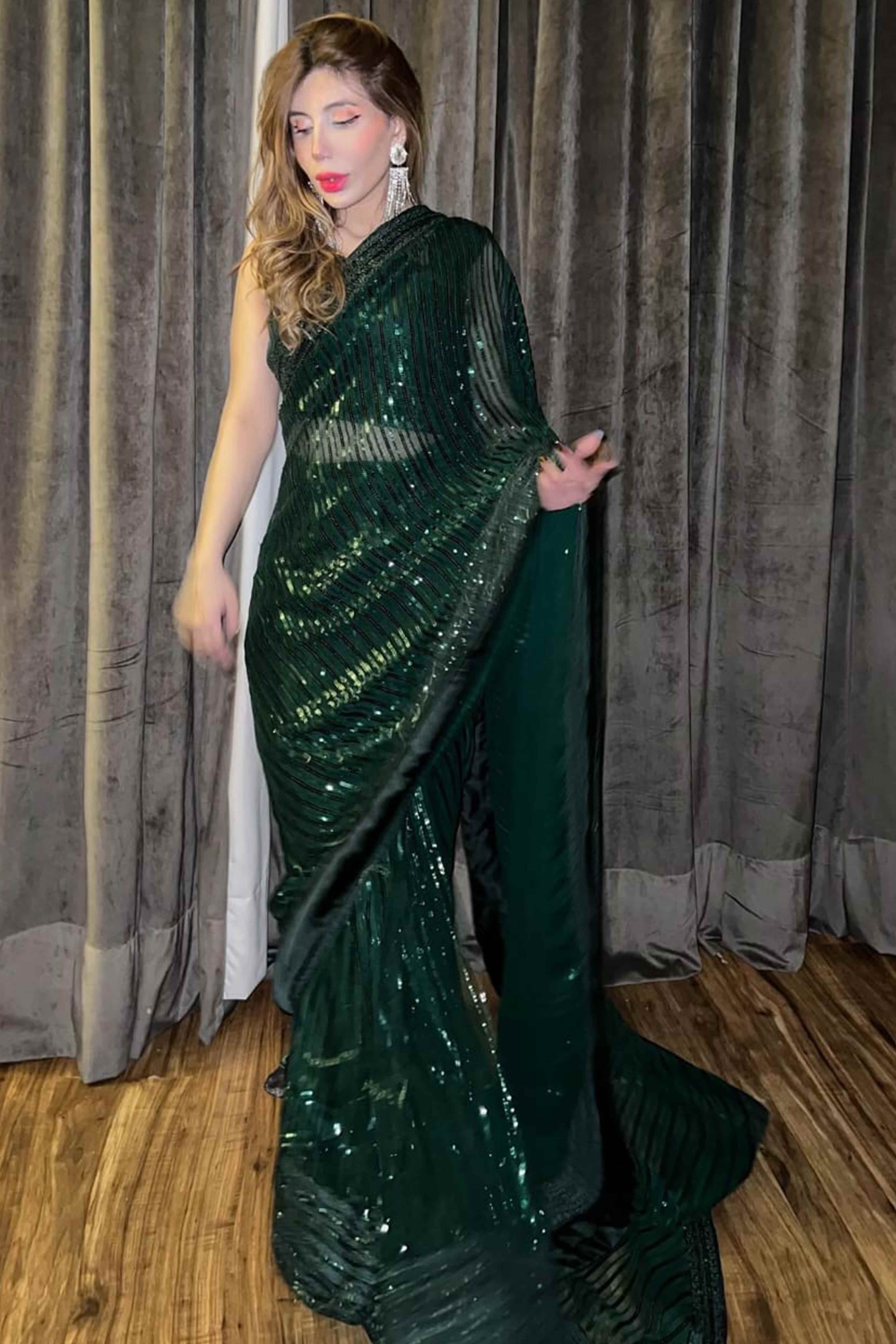 Charming Green Partywear Saree in Georgette with Stylish Sequin Embellishments