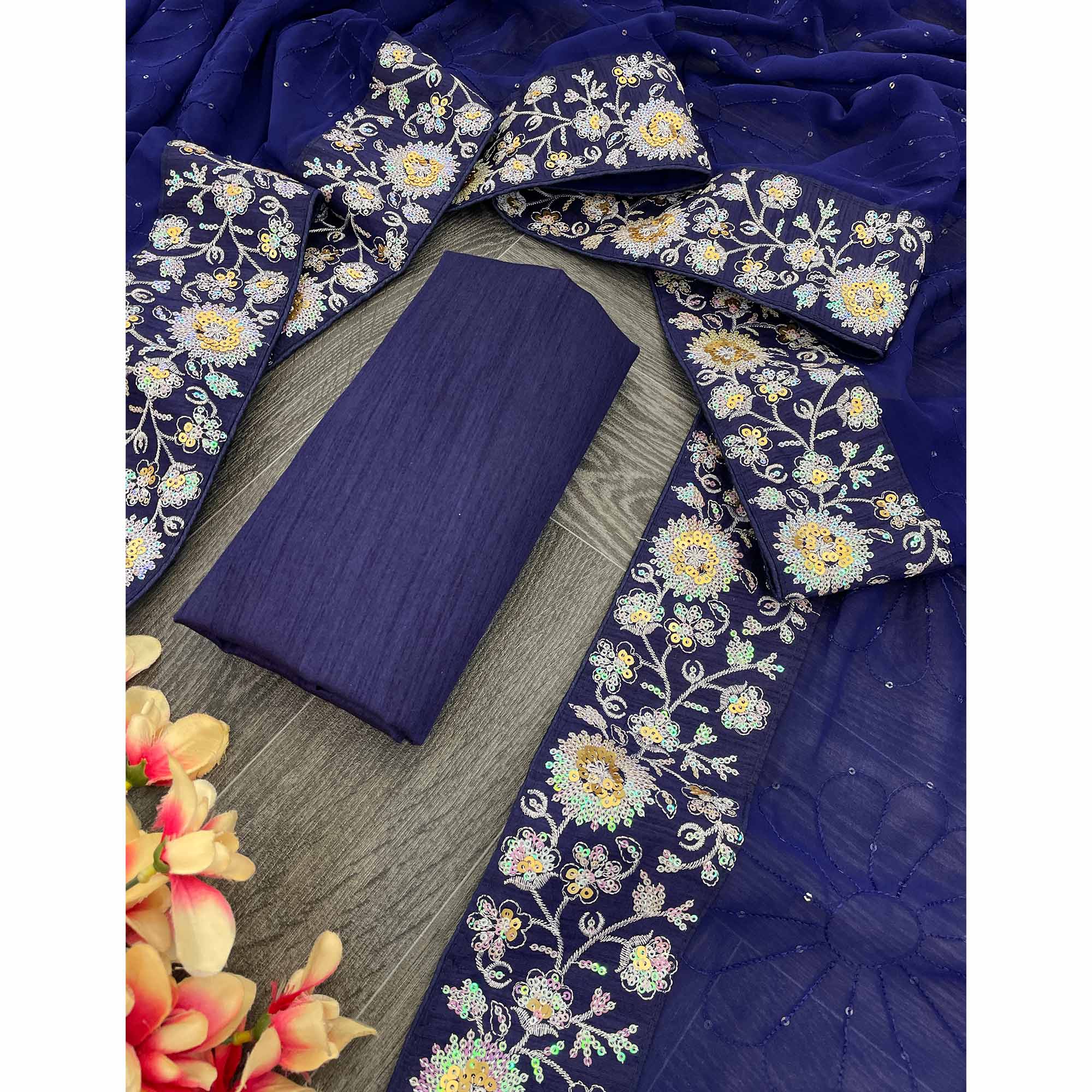 Blue Georgette Saree Featuring Fine Sequin Embroidery for a Glam Look