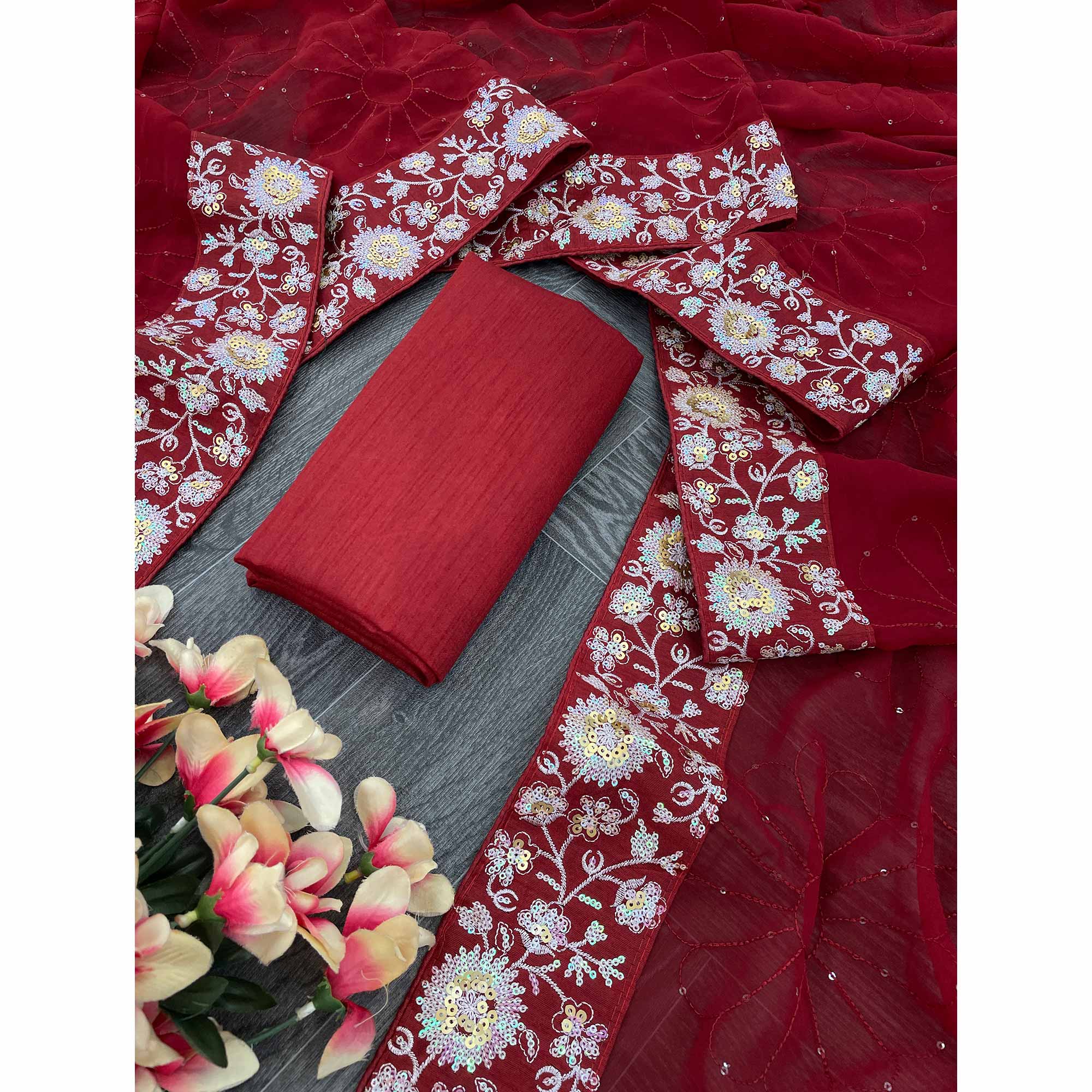 Maroon Georgette Saree Featuring Fine Sequin Embroidery for a Glam Look