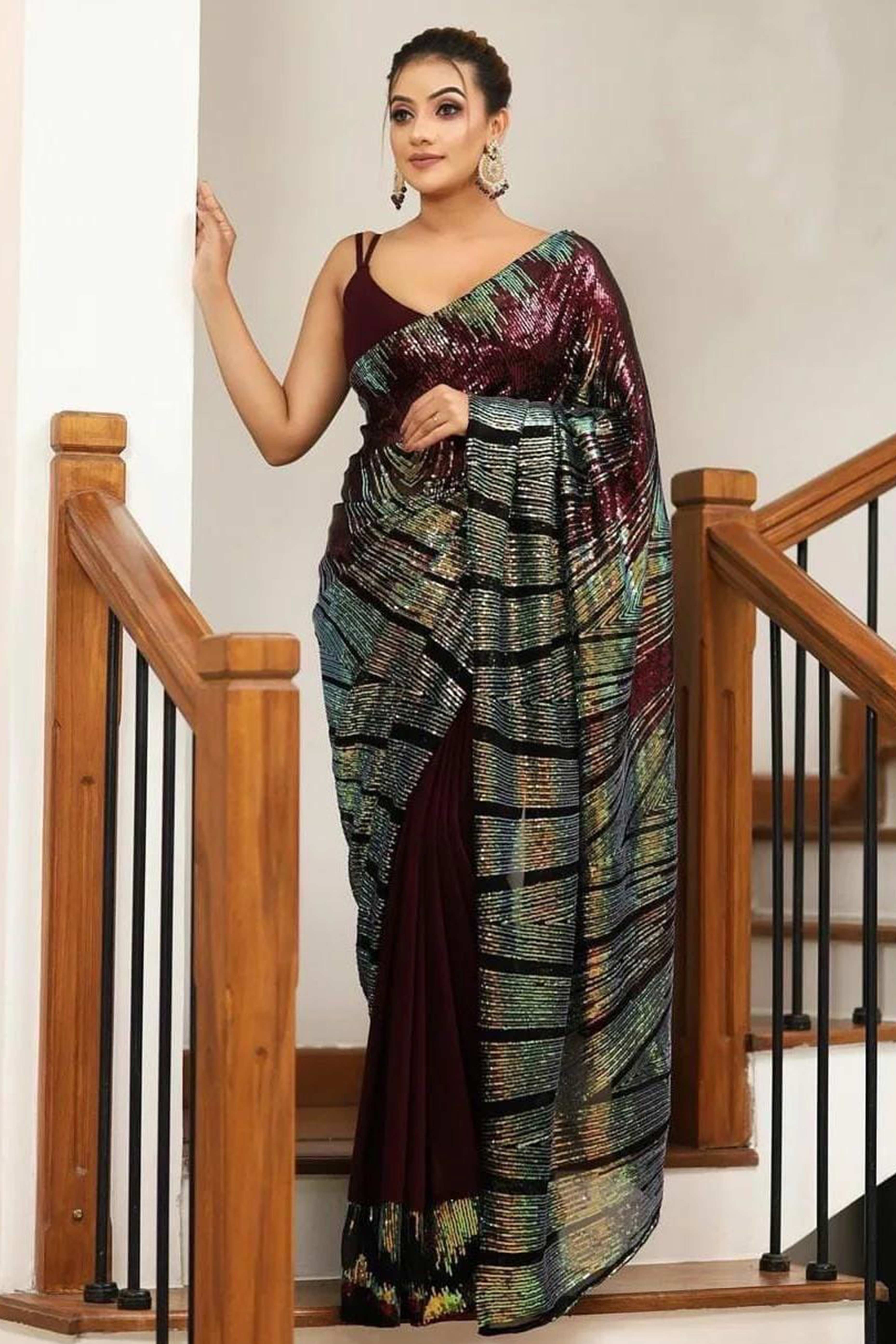 Stunning Wine Georgette Partywear Saree Adorned with All-Over Sequin Embellishments