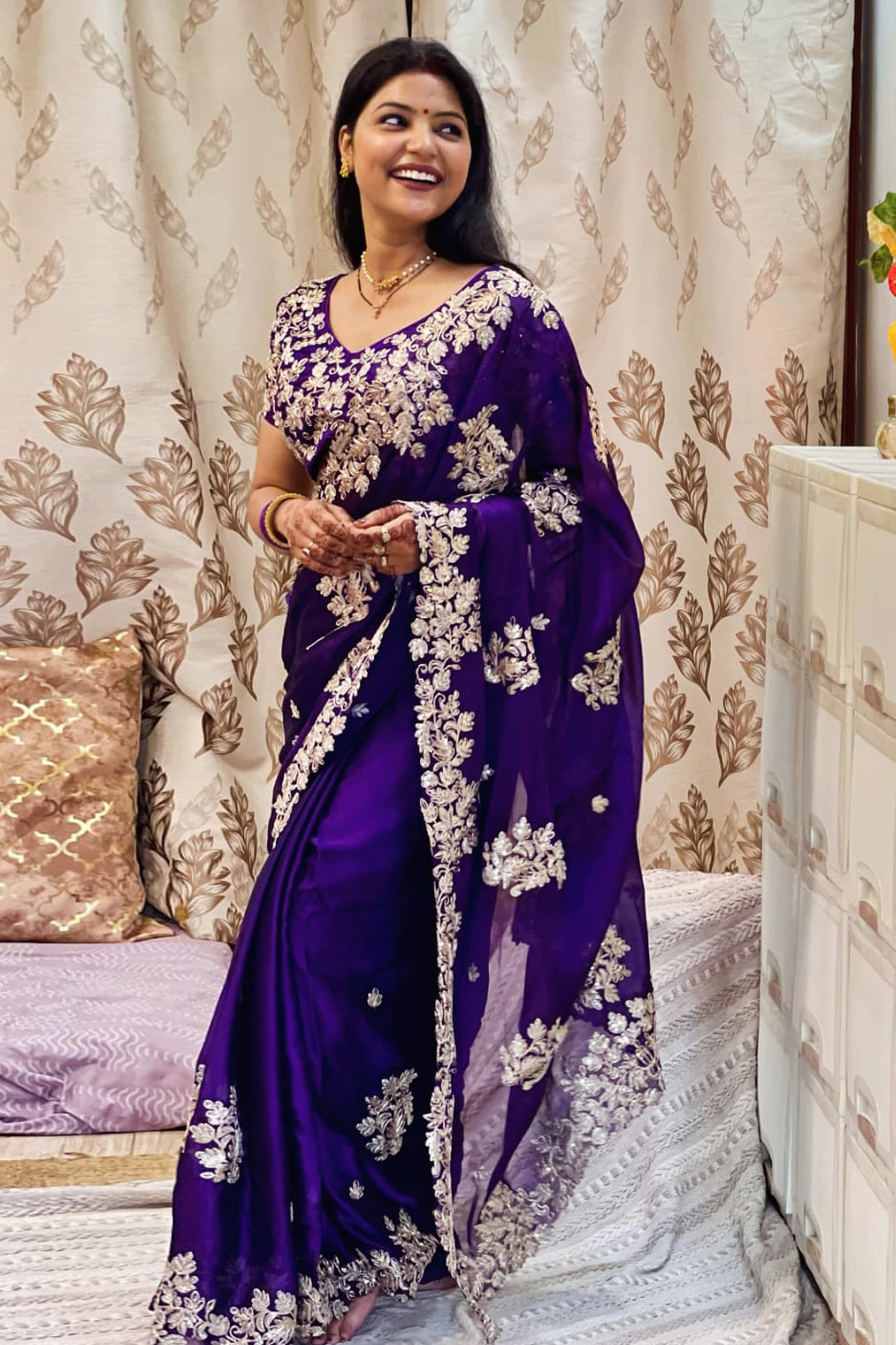 Graceful Violet Silk Blend Saree with Butta Motifs and Exquisite Coding Embroidery