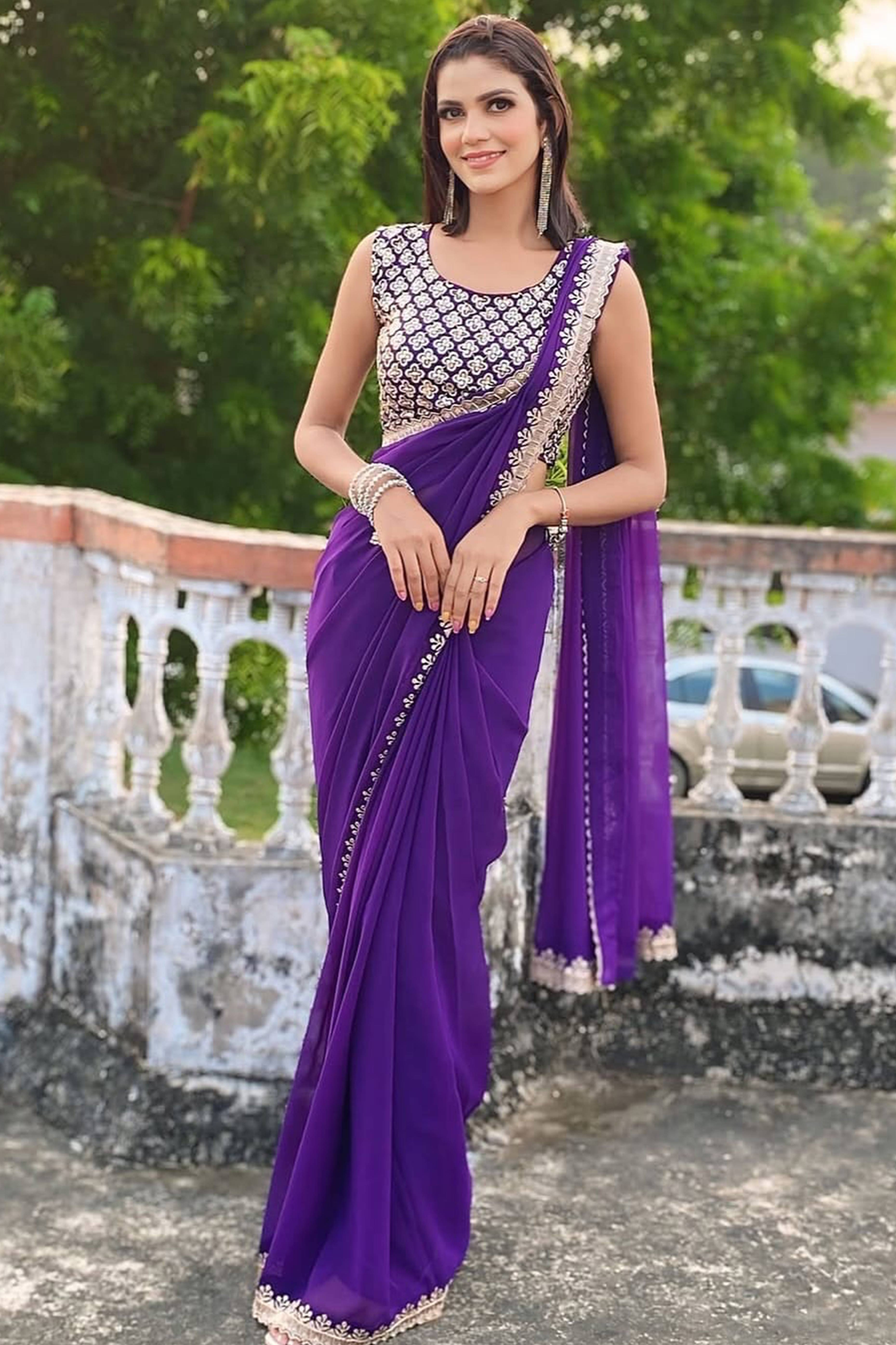 Violet Georgette Saree with Sleek Solid Finish and Embroidered Edging