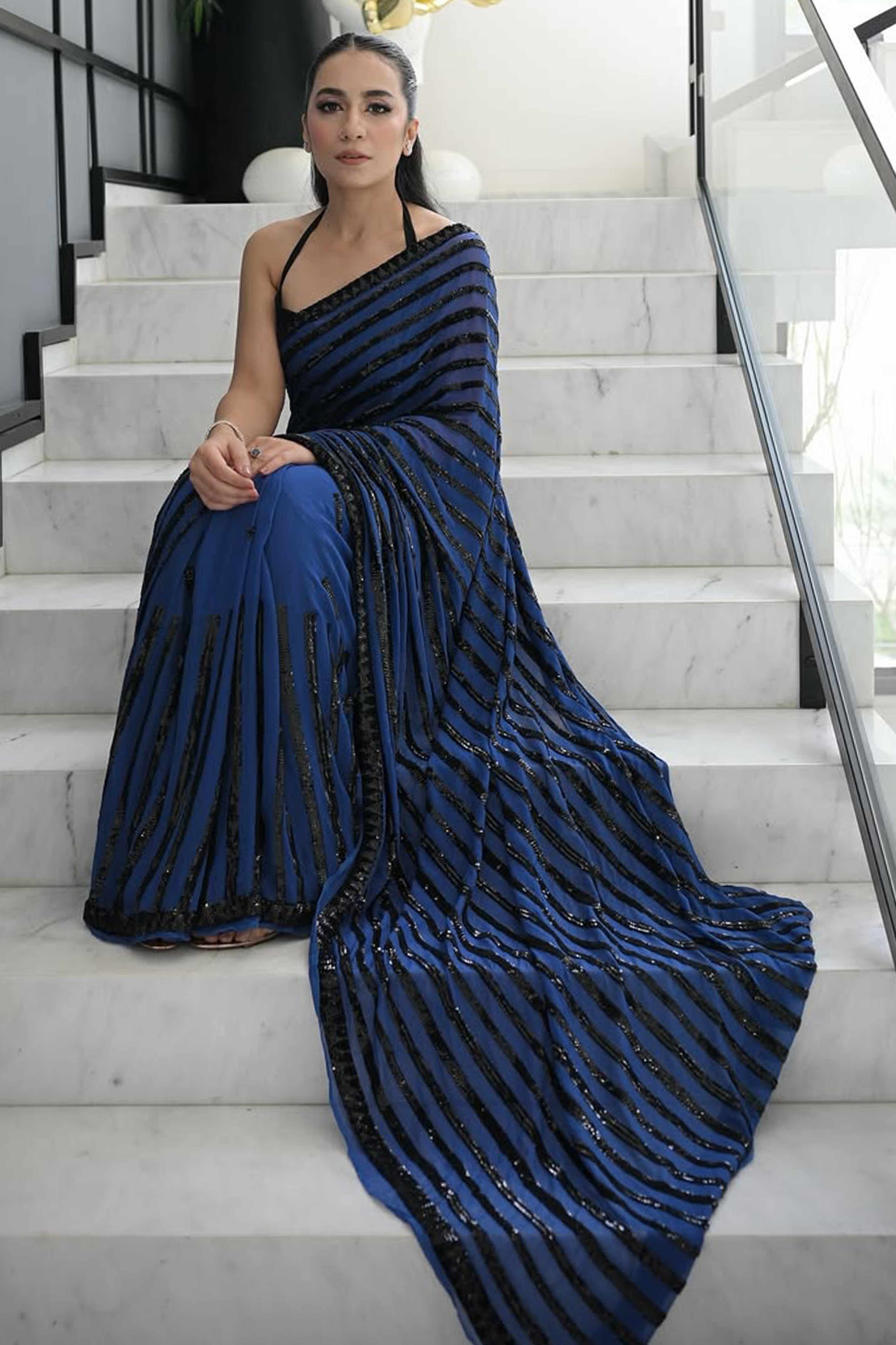 Blue Sequined Saree with Striped Design in Soft Georgette for Effortless Evening Elegance