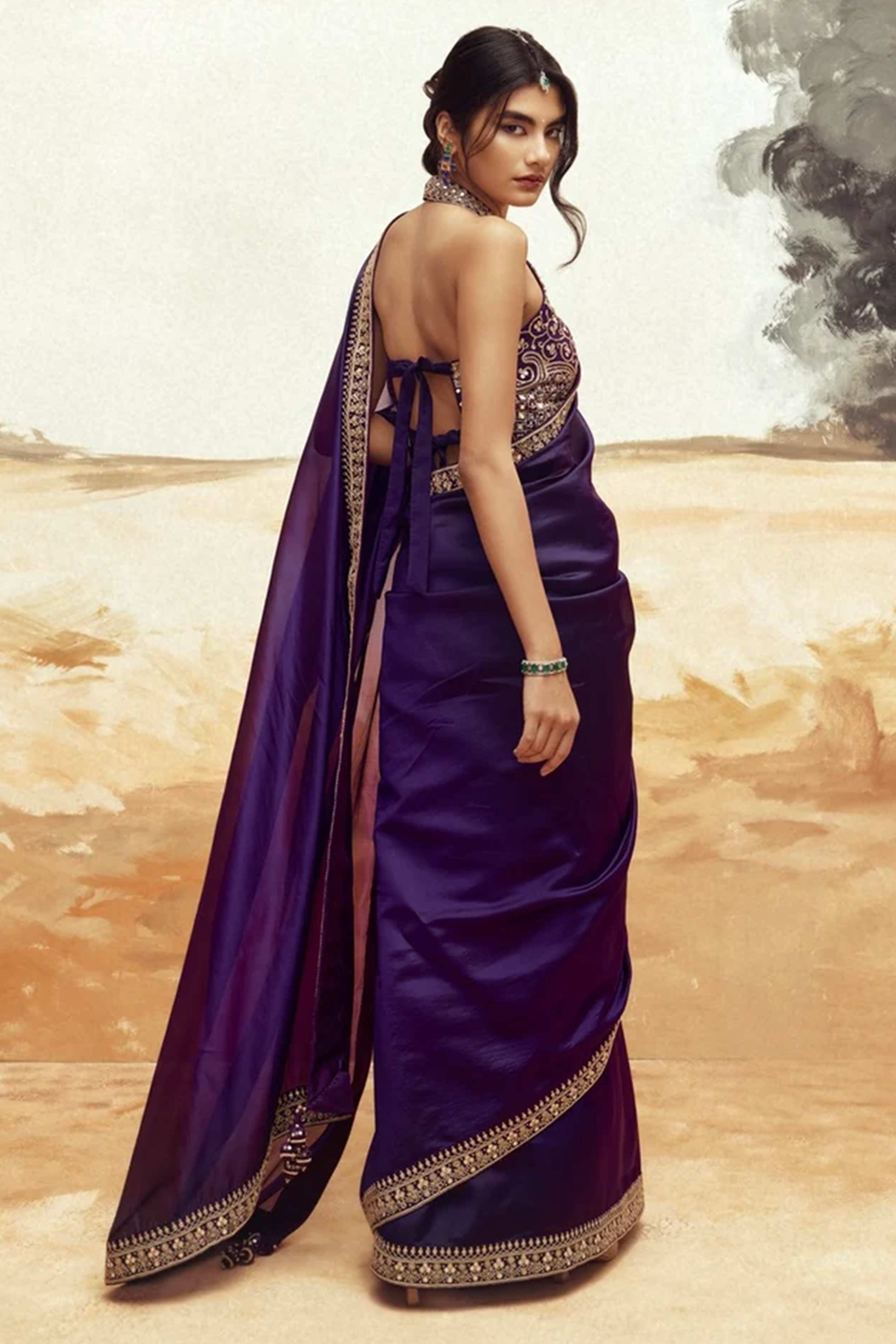 Violet Solid Pattern Saree in Smooth Silk Blend Fabric with Elegant Embroidered Edge Work