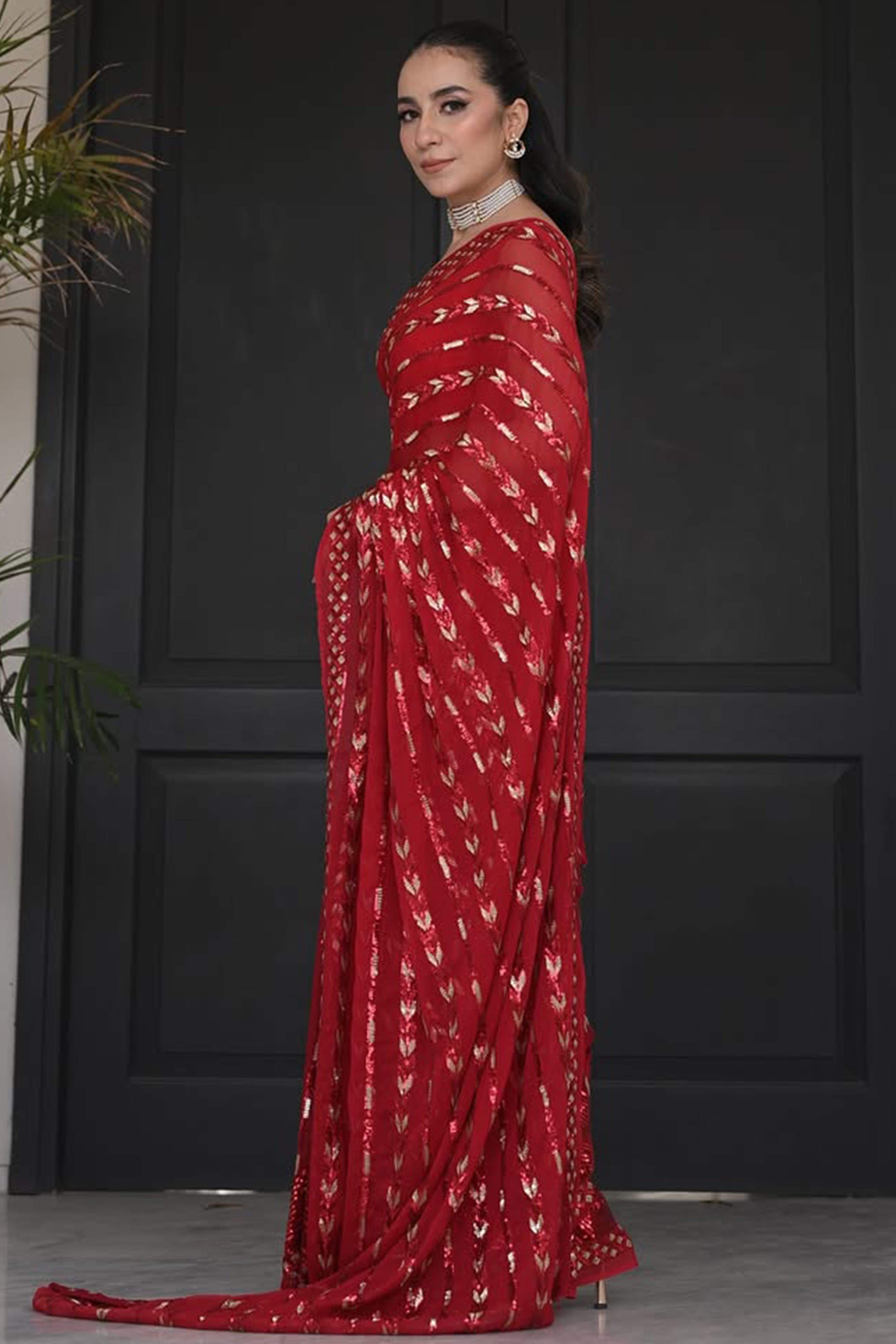 Stylish Red Striped Georgette Saree Featuring All-Over Sequin Embroidery