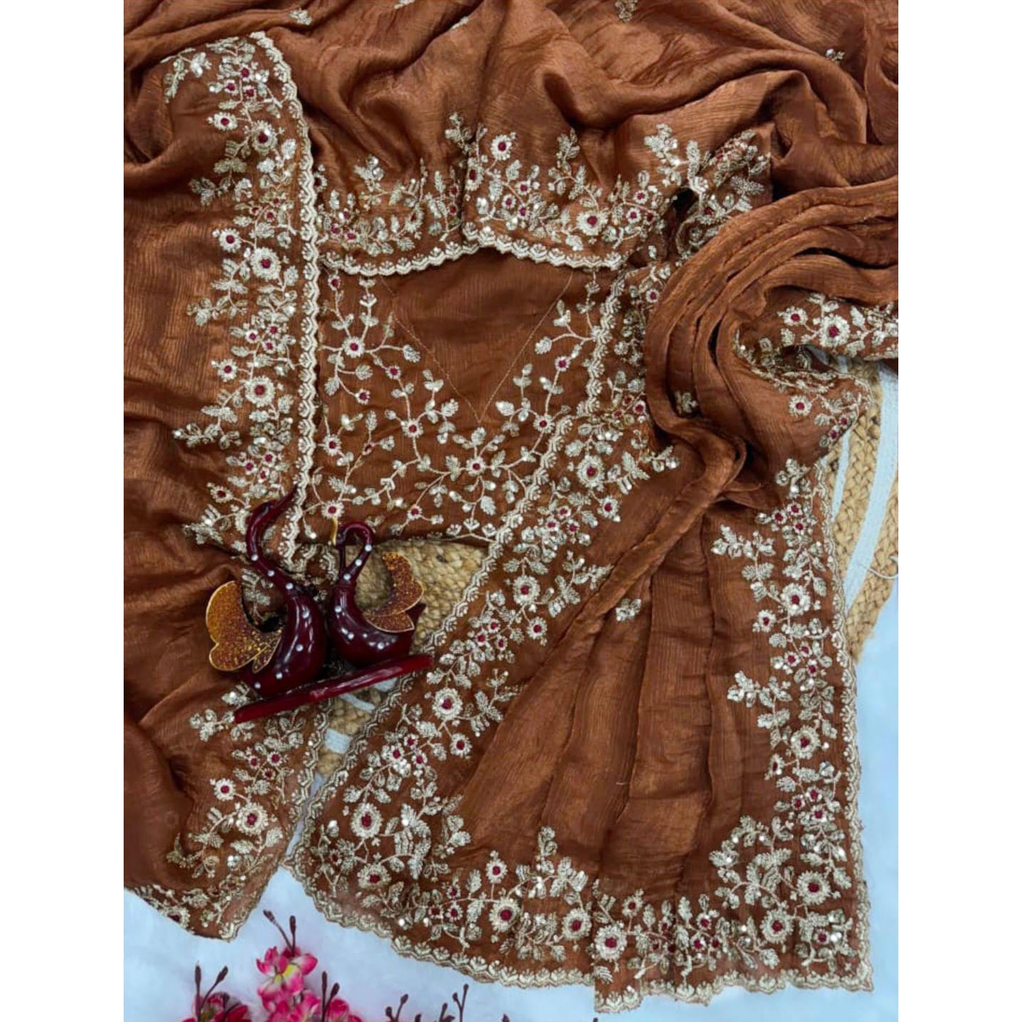 Brown Lightweight Chiffon Saree with Glamorous Sequins Detailing