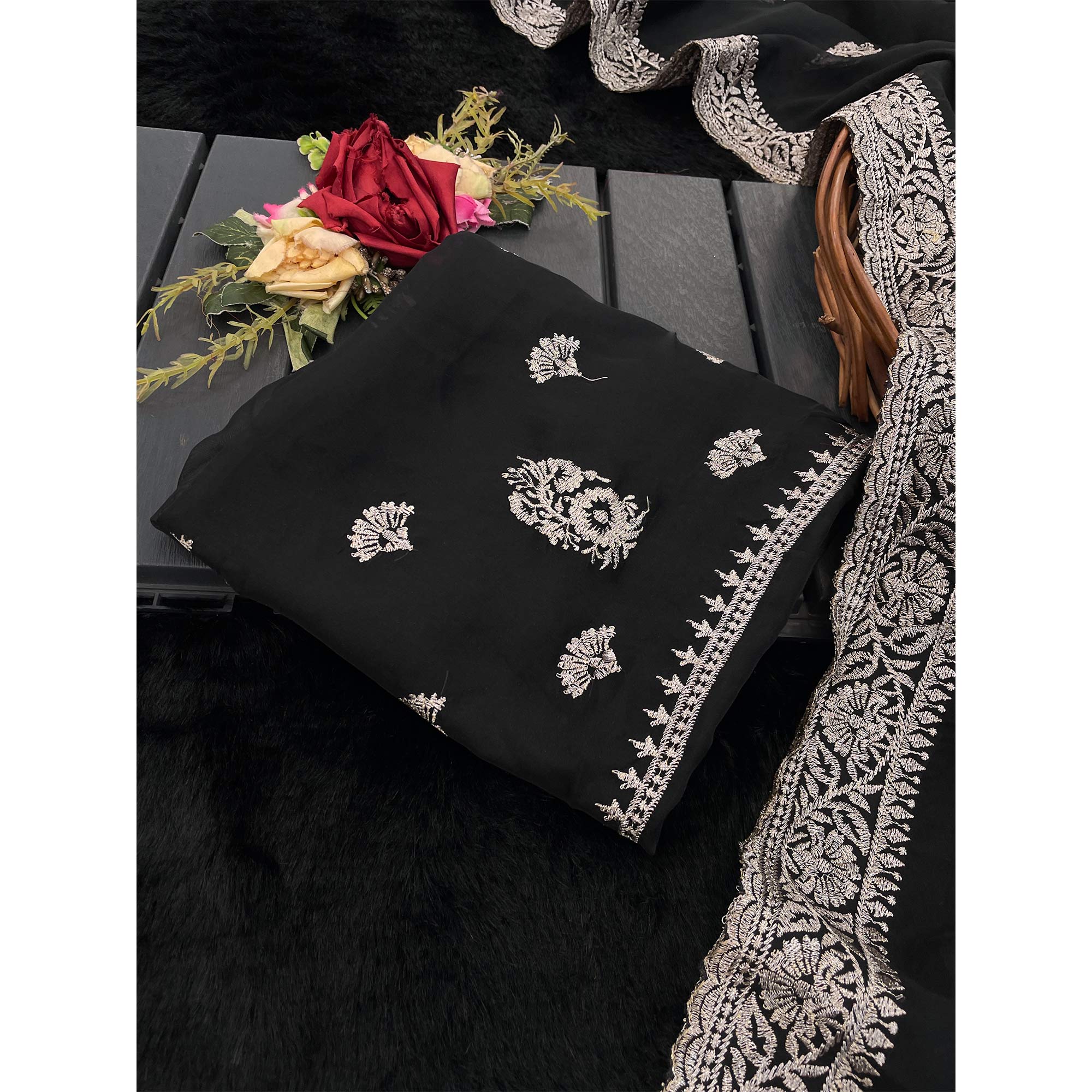 Black Saree in Organza with Intricate Floral Embroidery