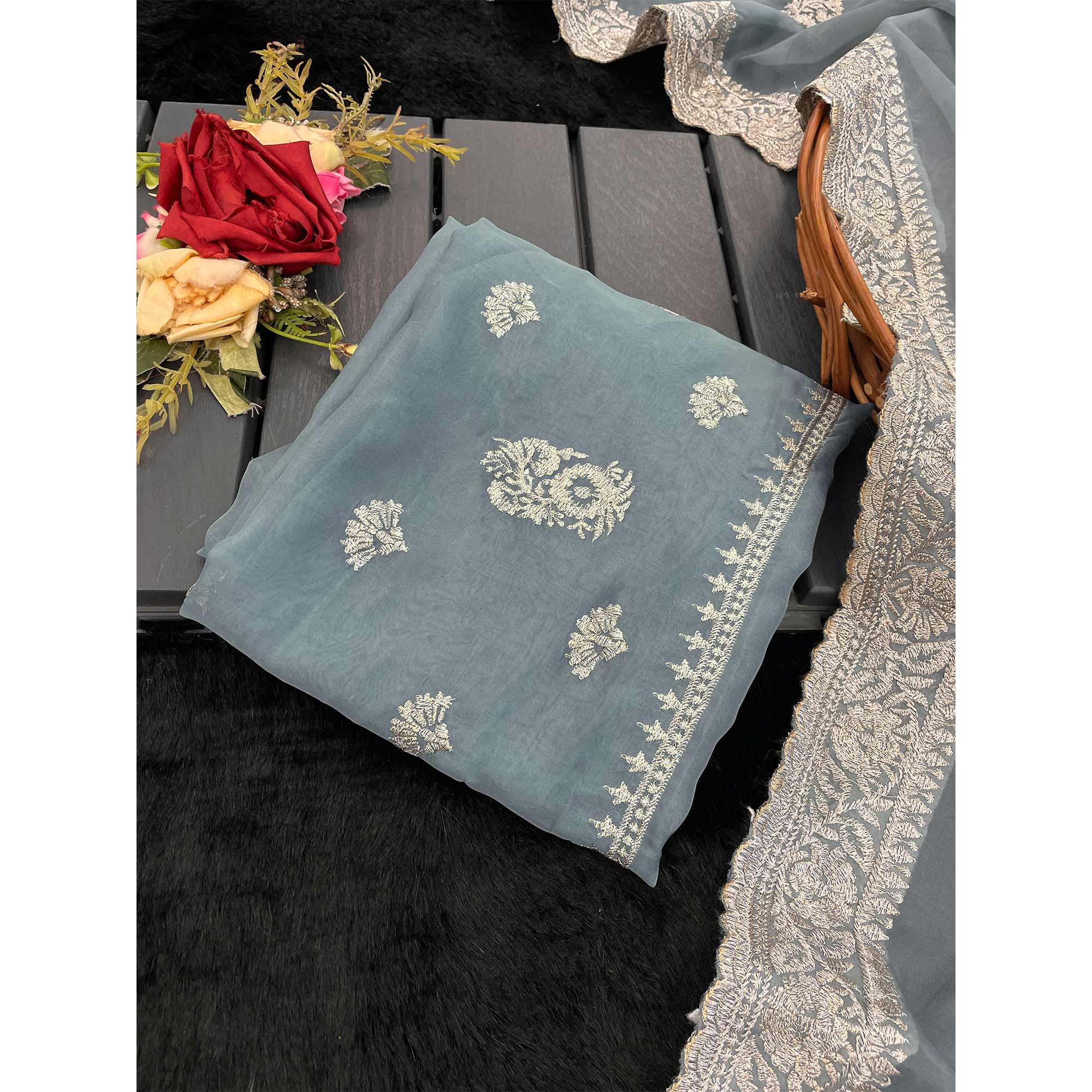 Grey Saree in Organza with Intricate Floral Embroidery