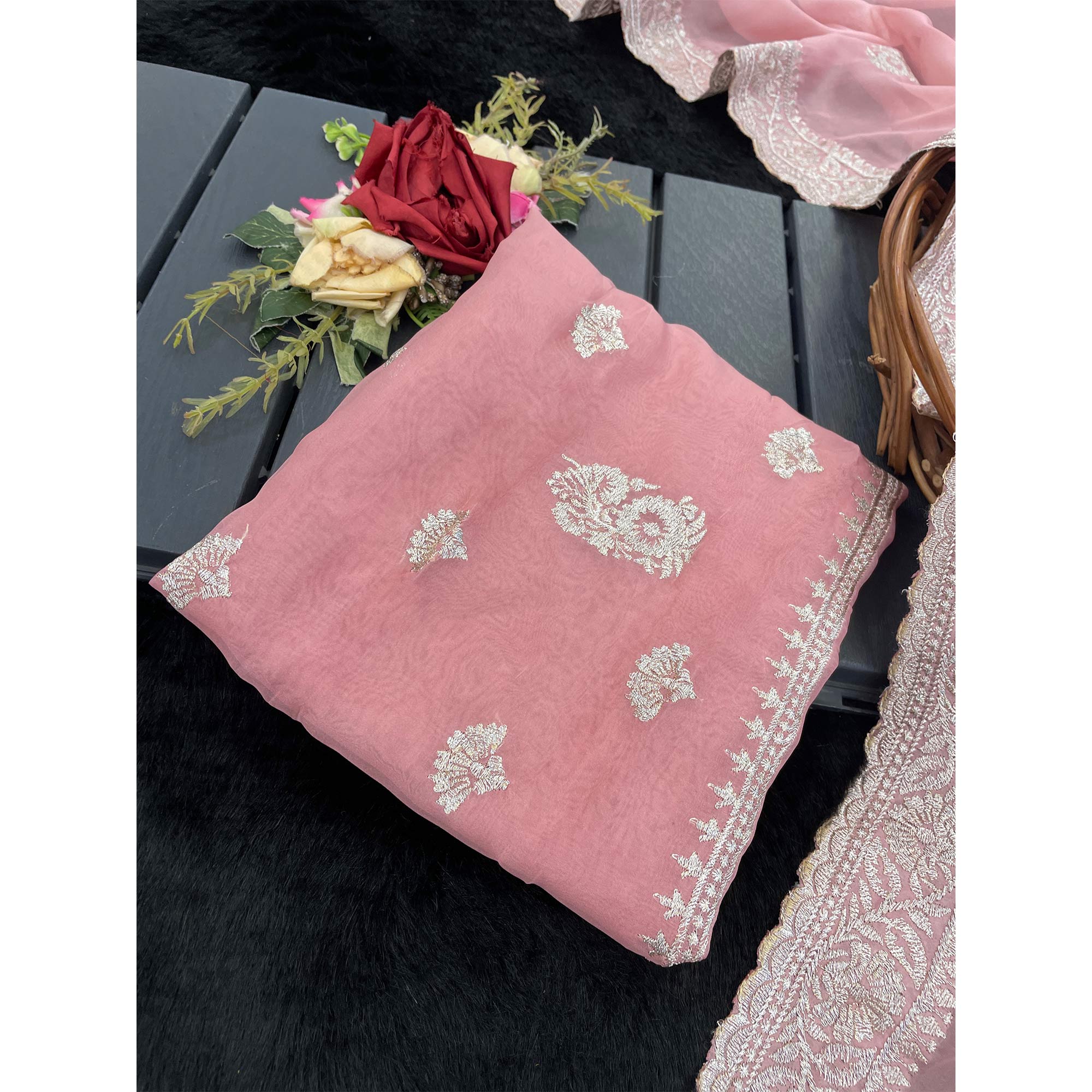 Pink Saree in Organza with Intricate Floral Embroidery