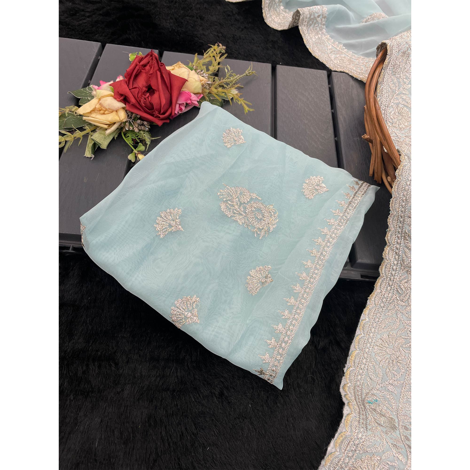 Sky Blue Saree in Organza with Intricate Floral Embroidery