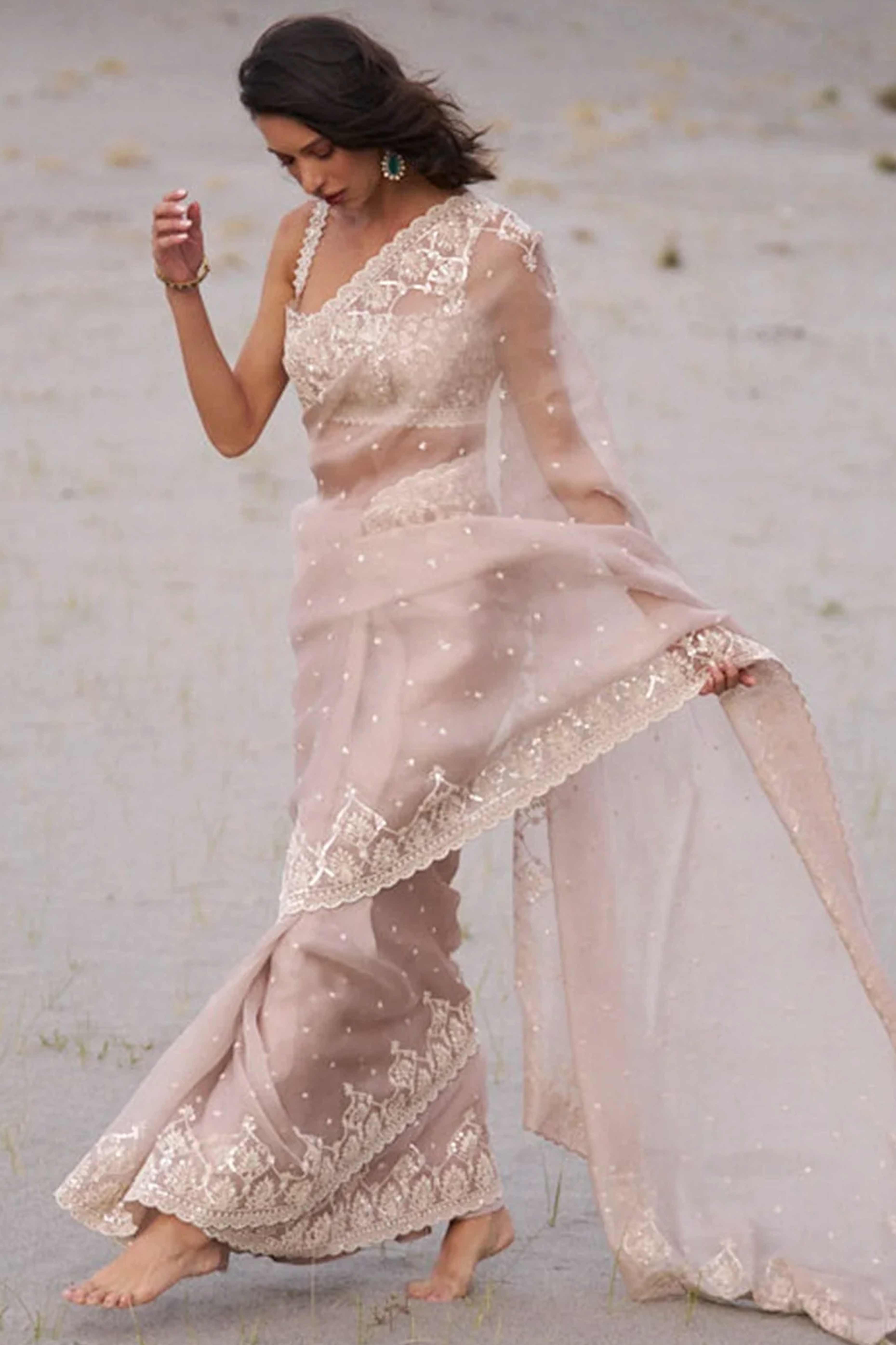 Peach Organza Saree Enhanced with Elegant Sequins Embroidery