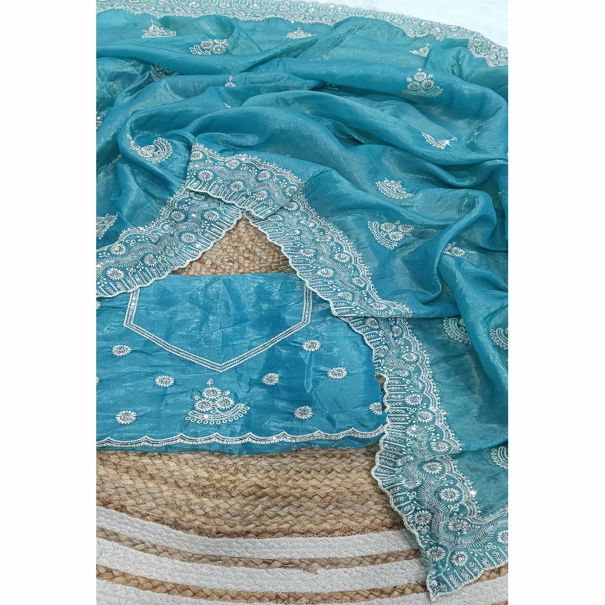 Blue Cotton Blend Saree With Intricate Floral Thread Embroidery & Sparkling Sequins