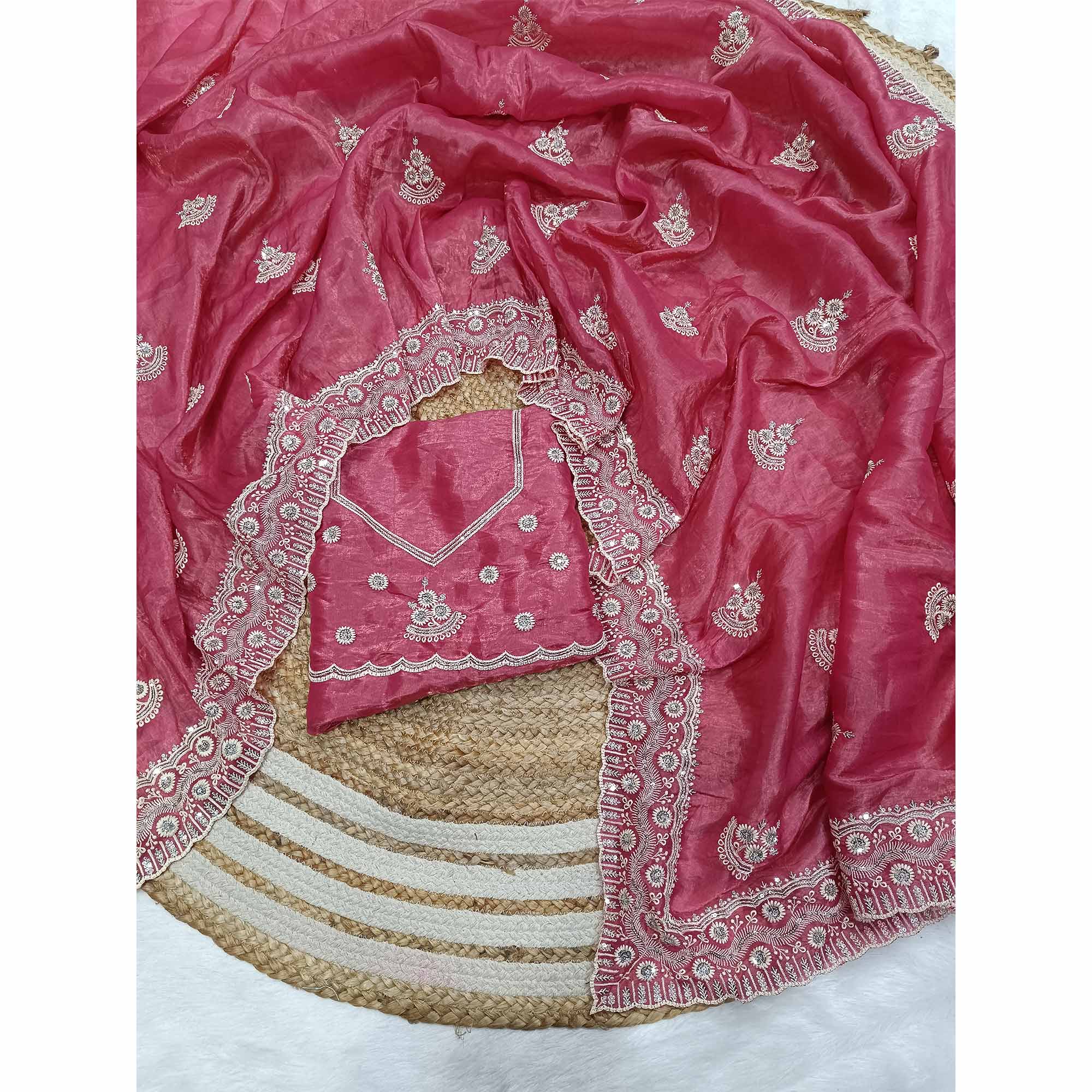 Pink Cotton Blend Saree With Intricate Floral Thread Embroidery & Sparkling Sequins