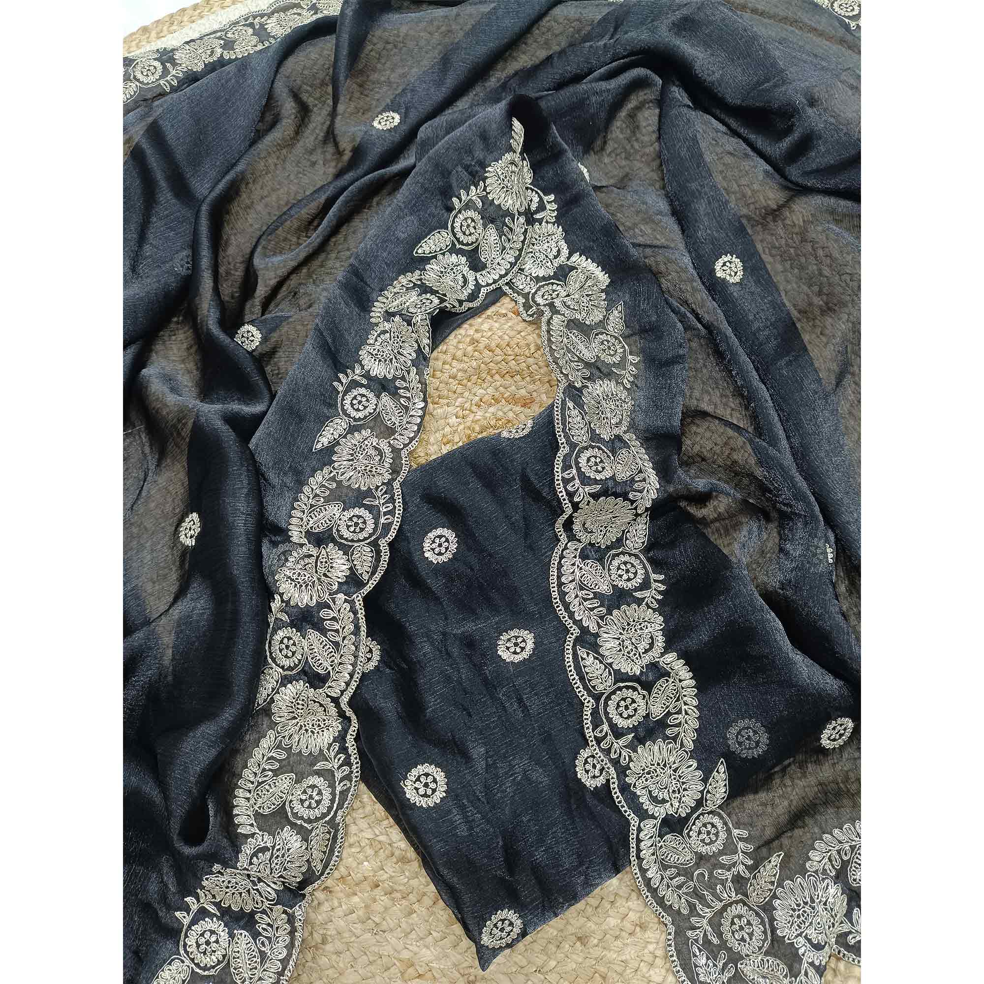 Black Satin Silk Saree Accented With Intricate Floral Cording Embroidery