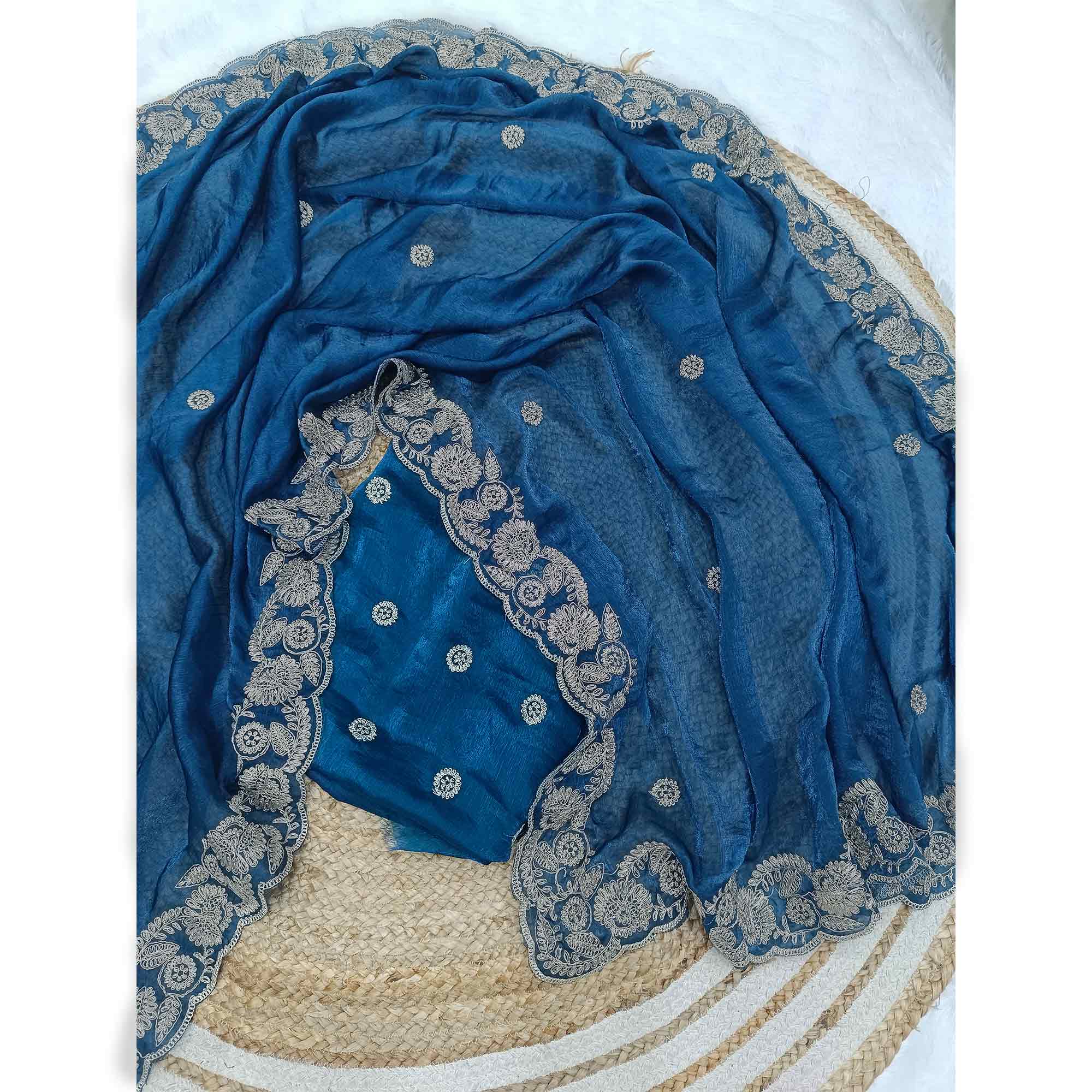 Morpich Blue Satin Silk Saree Accented With Intricate Floral Cording Embroidery