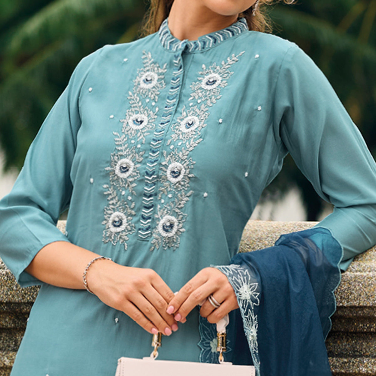 Blue Floral Embroidered Cotton Silk Suit