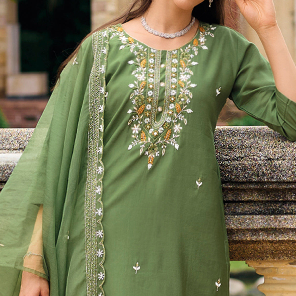 Green Floral Embroidered Cotton Silk Suit