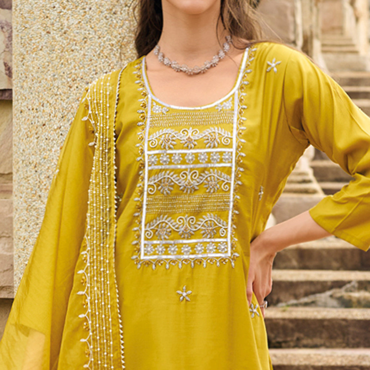 Mustard Floral Embroidered Cotton Silk Suit