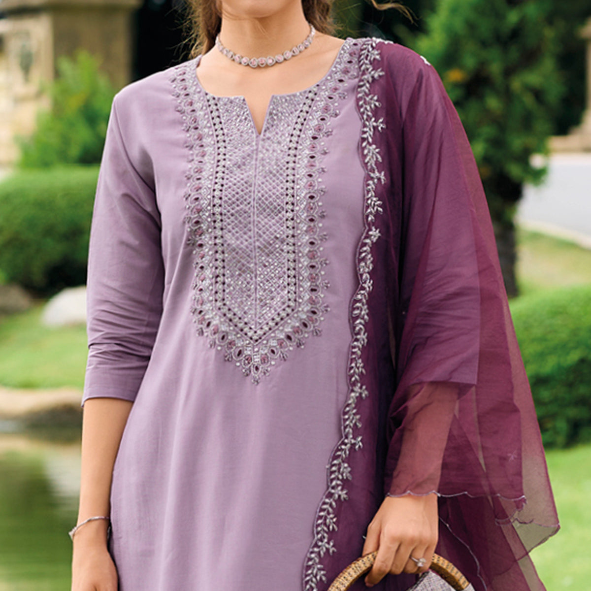 Lavender Floral Embroidered Cotton Silk Suit