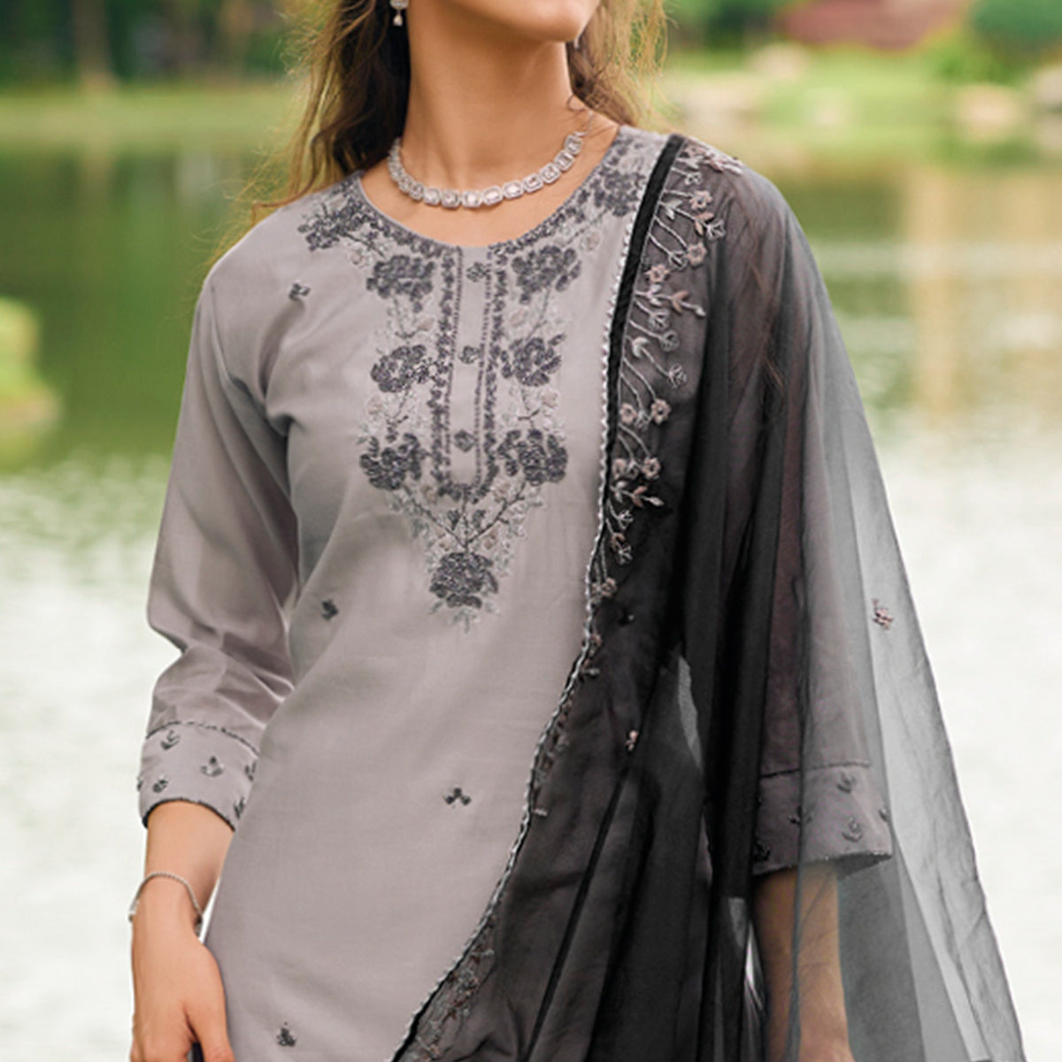 Grey Floral Embroidered Cotton Silk Suit