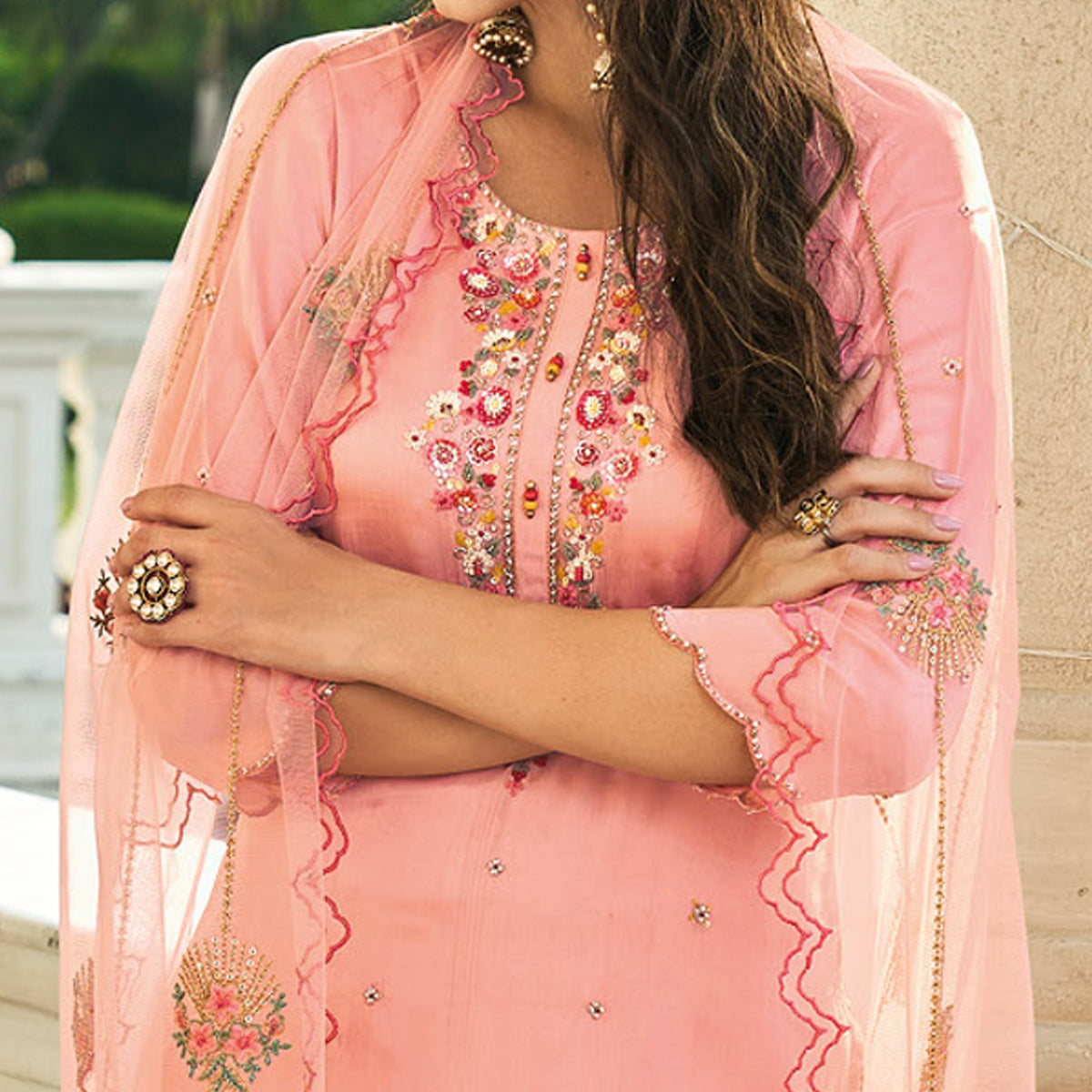 Peach Embroidered Chinon Sharara Suit