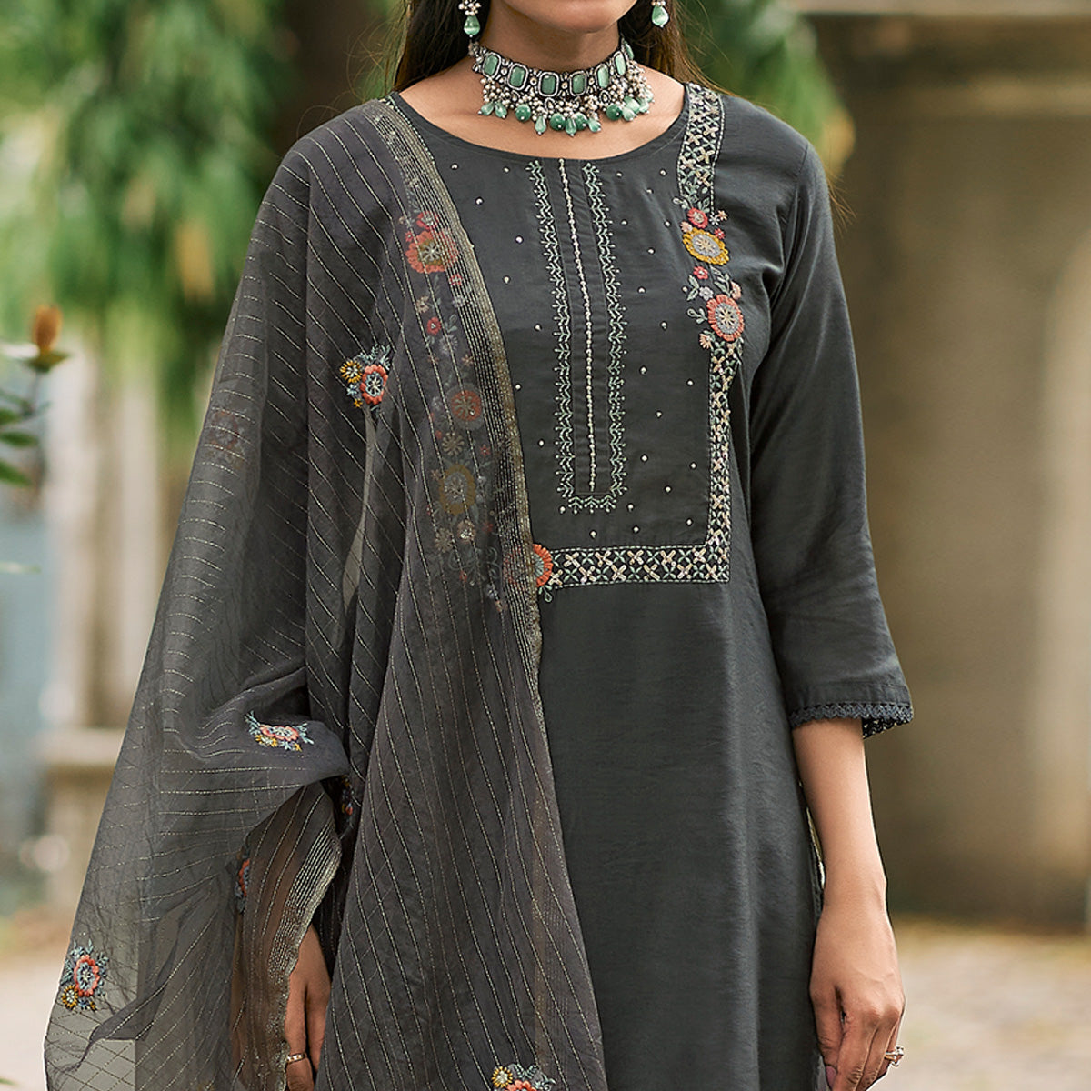 Grey Floral Embroidered Cotton Silk Suit