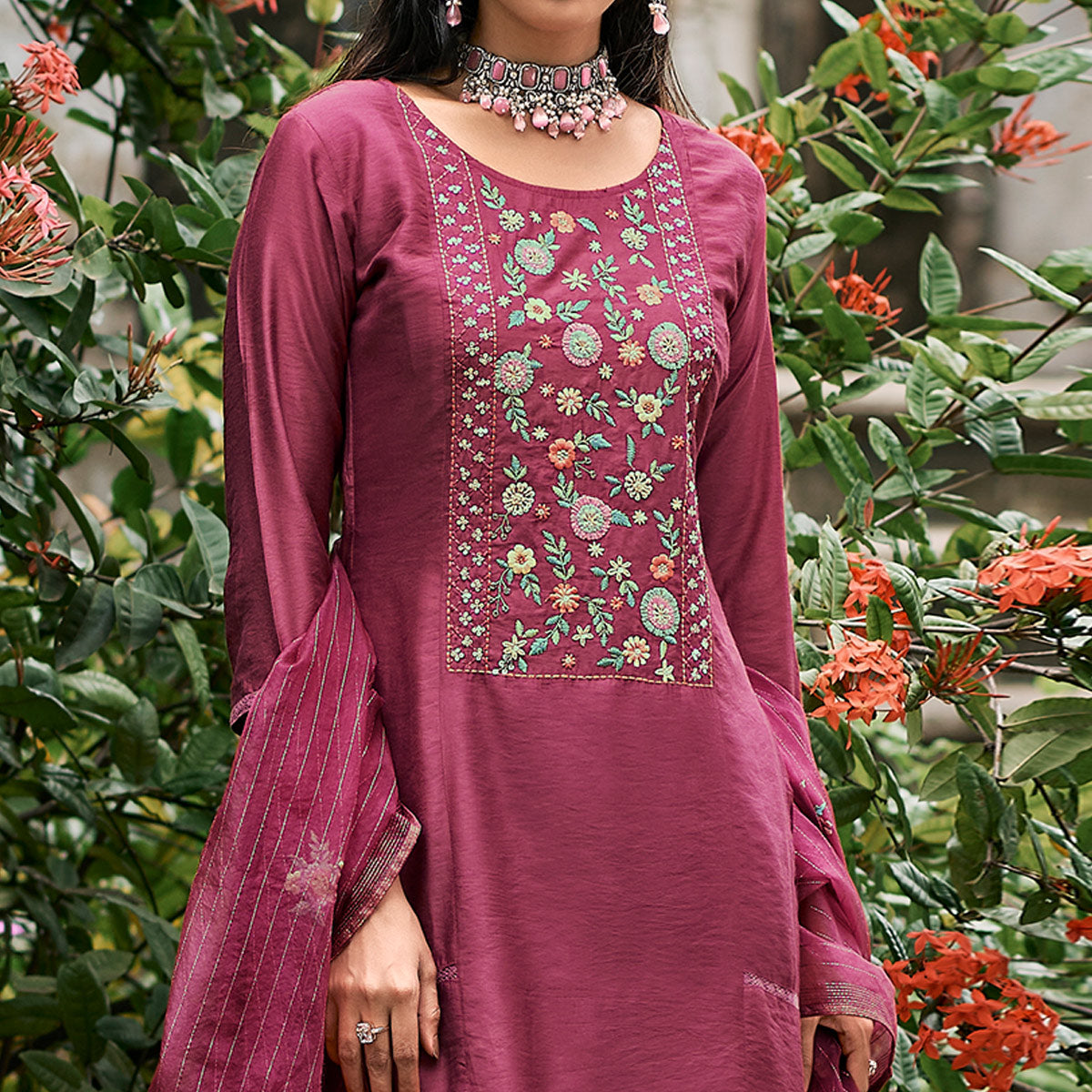 Pink Floral Embroidered Cotton Silk Suit