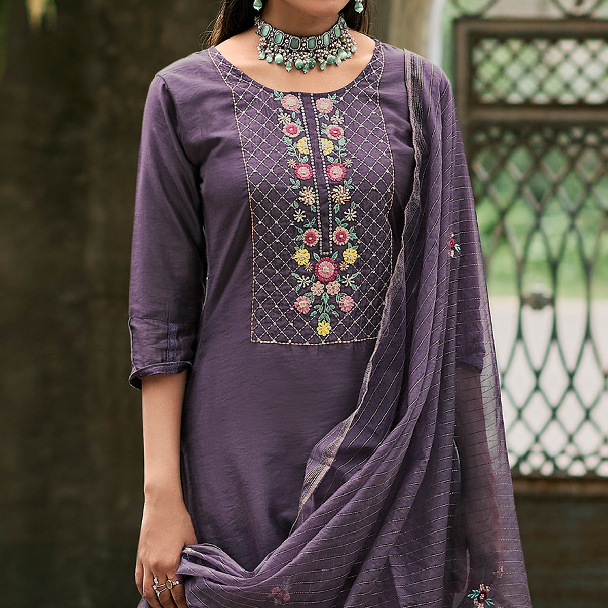 Purple Floral Embroidered Cotton Silk Suit