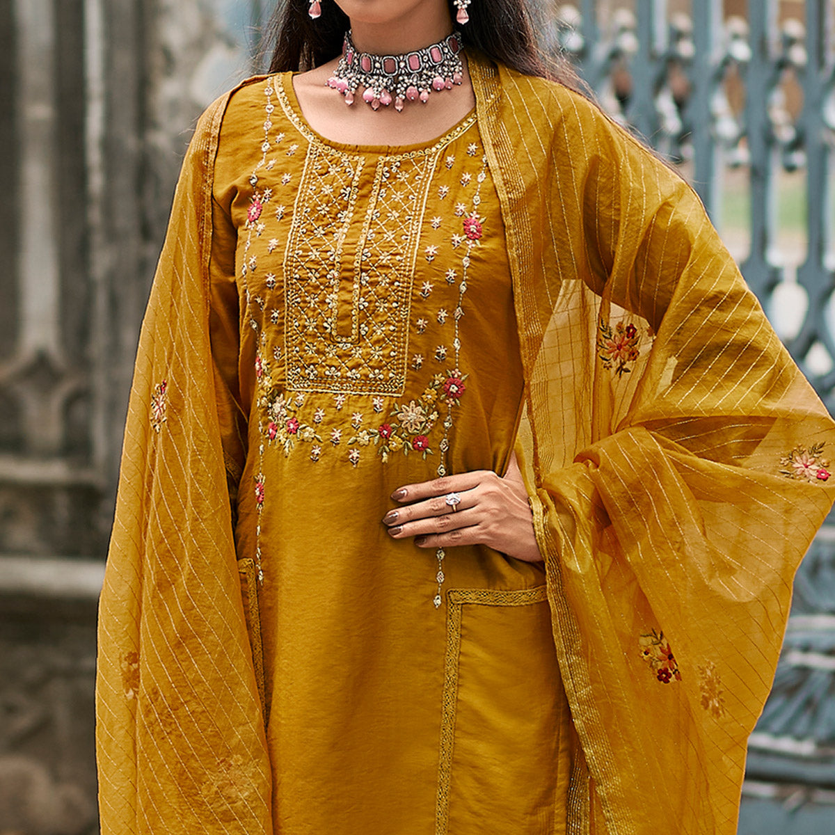 Mustard Floral Embroidered Cotton Silk Suit