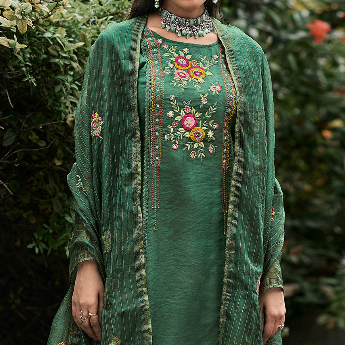 Green Floral Embroidered Cotton Silk Suit