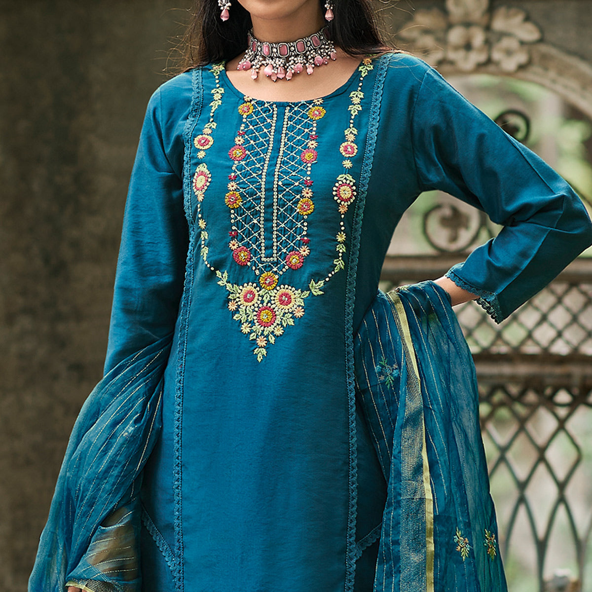 Blue Floral Embroidered Cotton Silk Suit