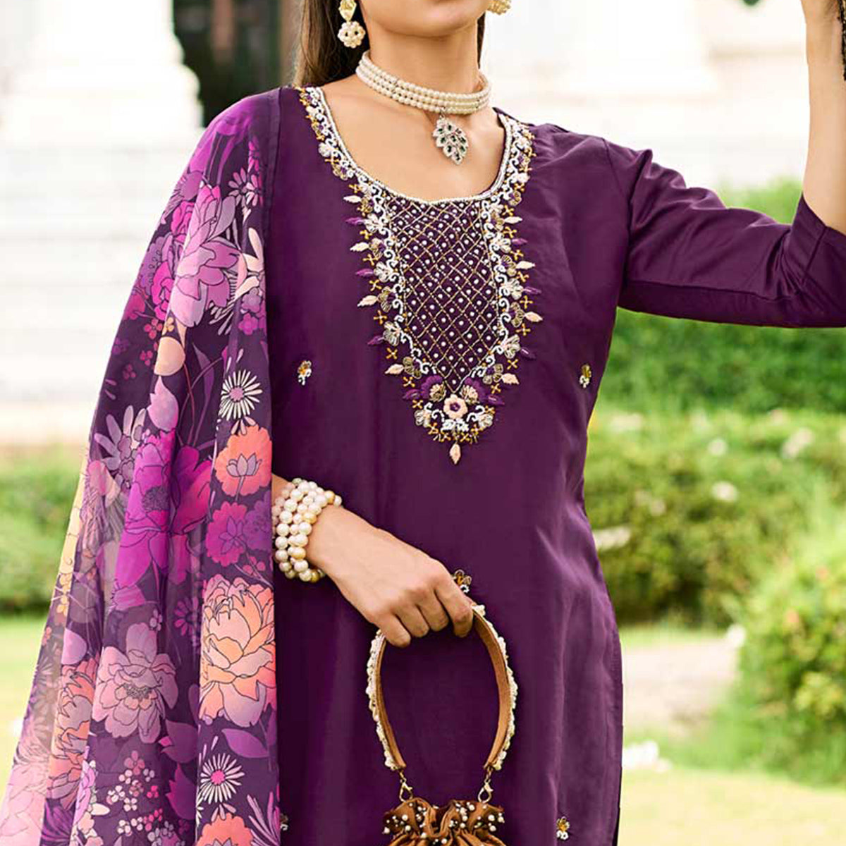 Purple Floral Embroidered Chanderi Silk Suit