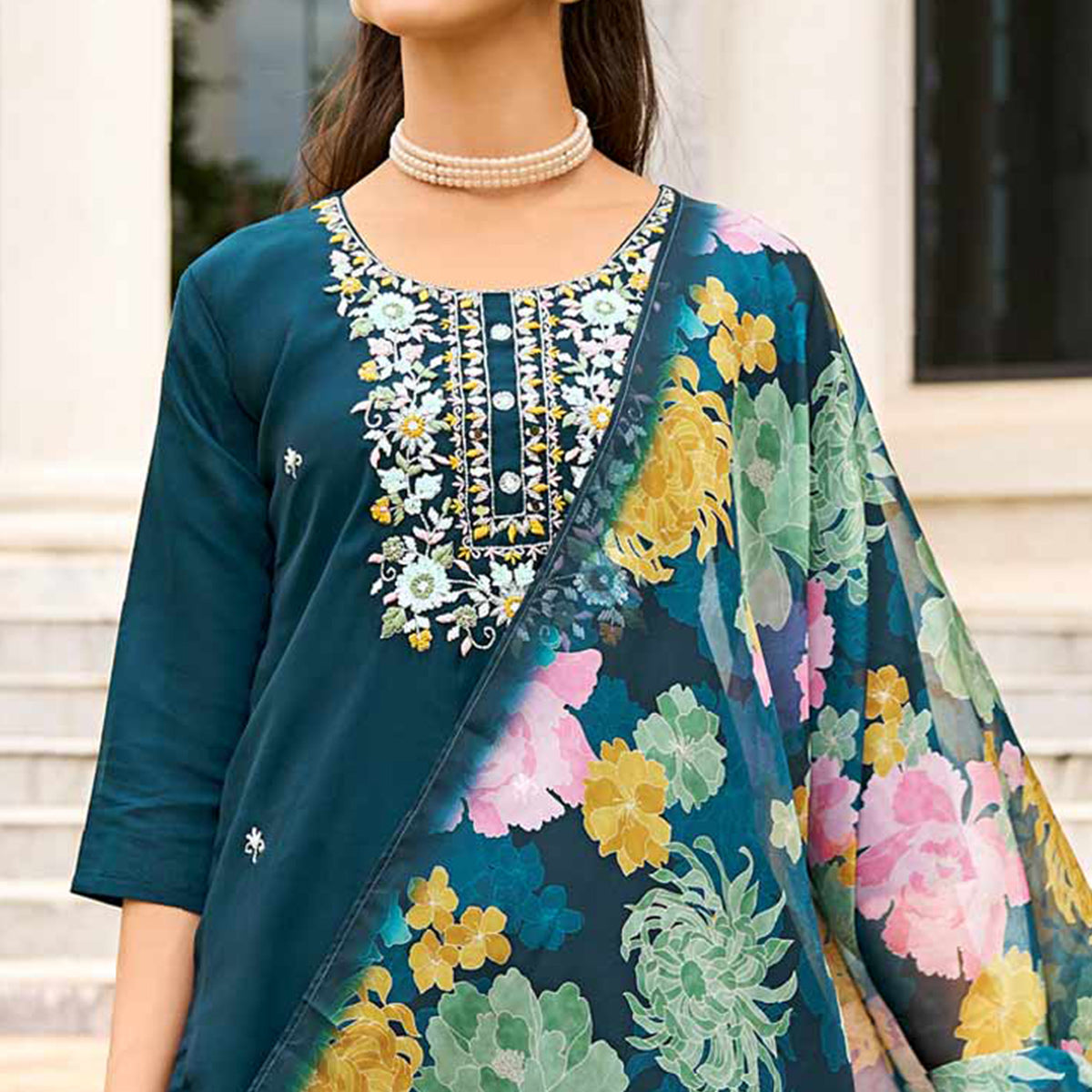 Morpich Floral Embroidered Chanderi Silk Suit