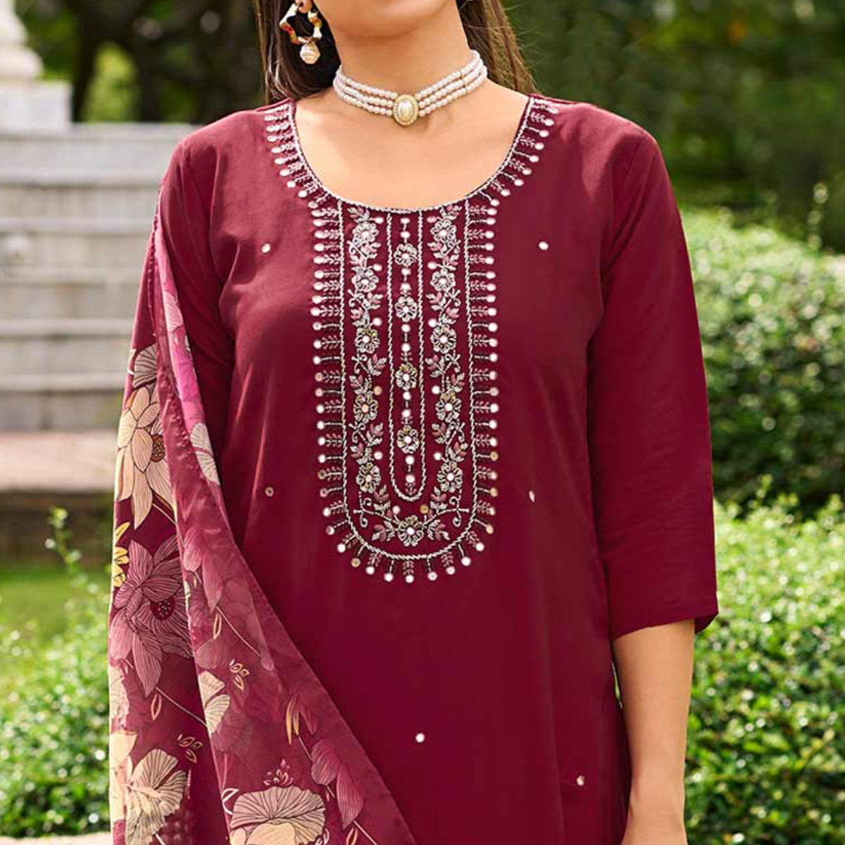 Maroon Floral Embroidered Chanderi Silk Suit