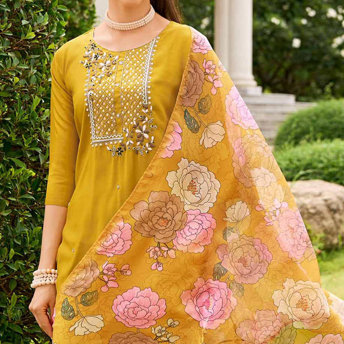 Yellow Floral Embroidered Chanderi Silk Suit